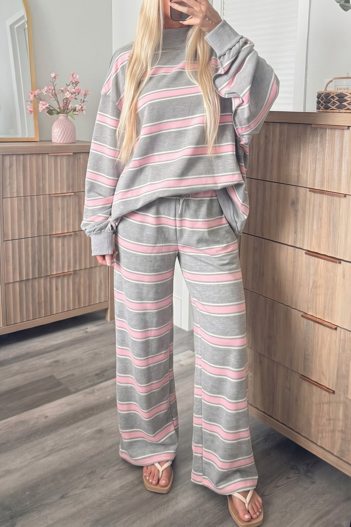 Pink Stripe Mock Neck Long Sleeve Pullover Top and Loose Pants Set