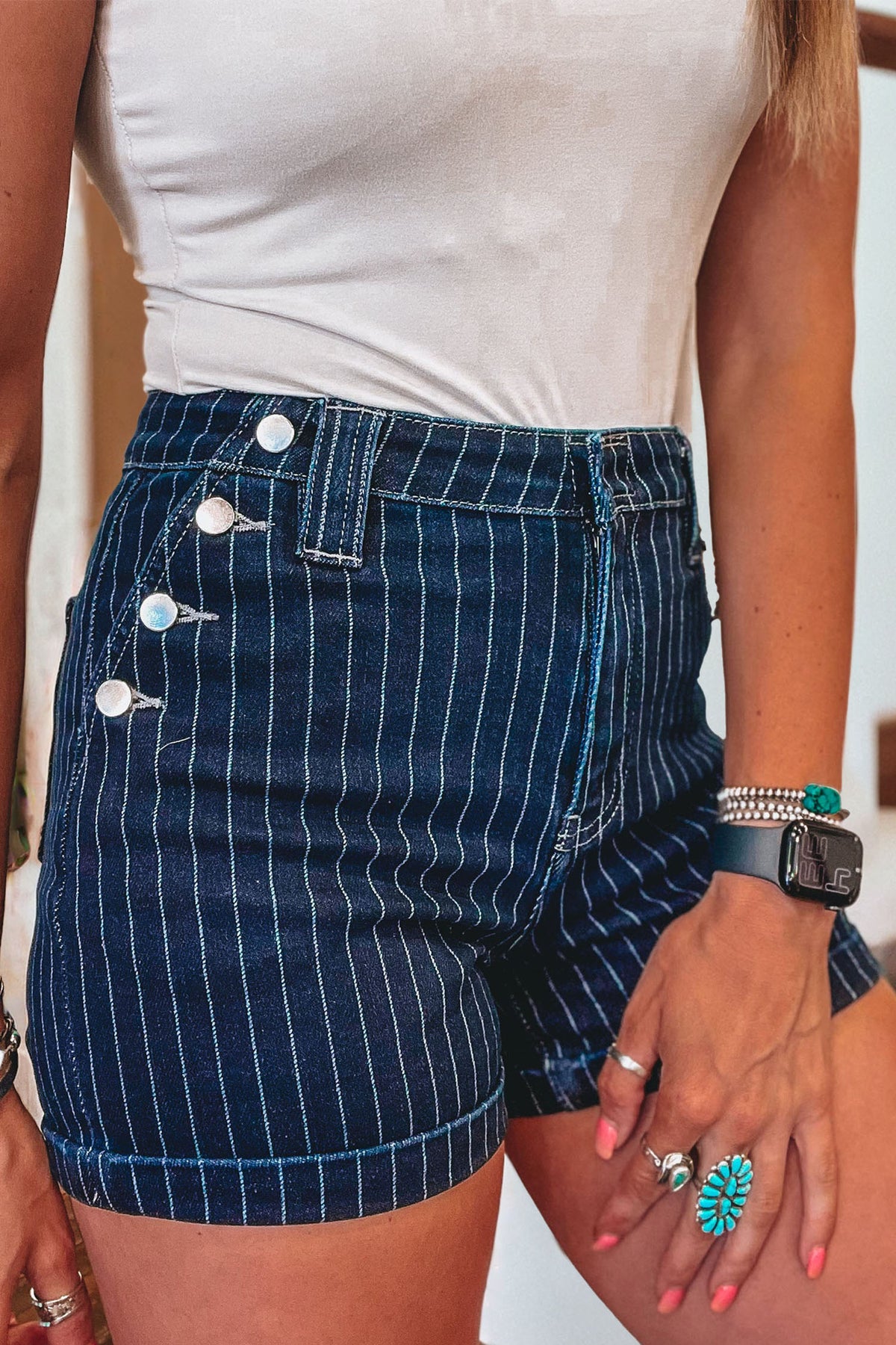 Blue Stripe Metal Button Detail Womens Denim Shorts