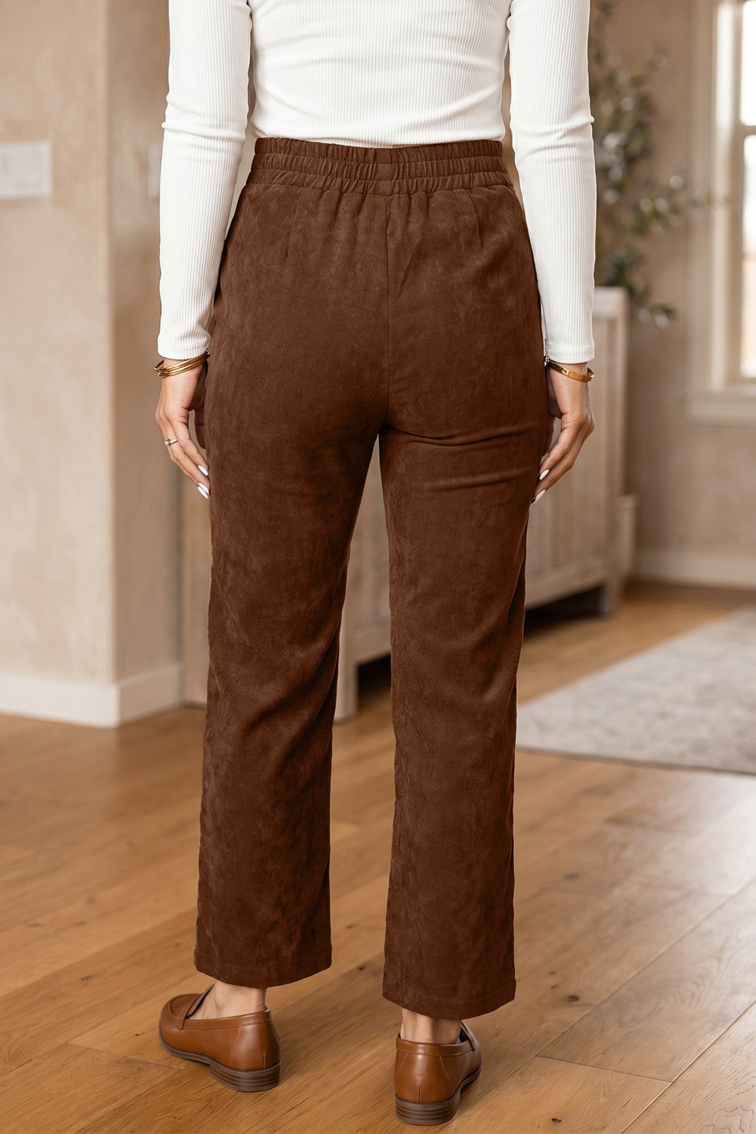 Coffee Elastic Waist Straight Leg Ankle Length Corduroy Pants Coffee / S / 100% Polyester Bottoms/Pants & Culotte