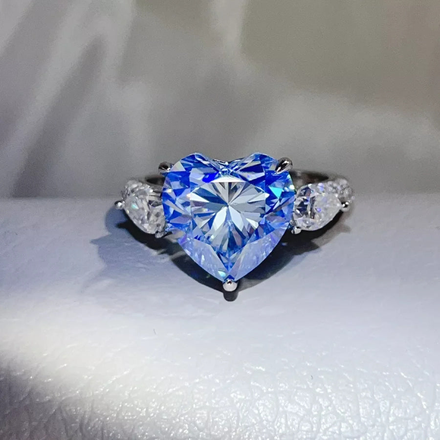 6 Carat 925 Sterling Silver Moissanite Heart Ring Blue / 5 Apparel and Accessories
