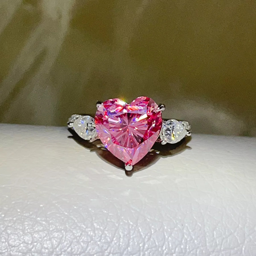6 Carat 925 Sterling Silver Moissanite Heart Ring Pink / 5 Apparel and Accessories