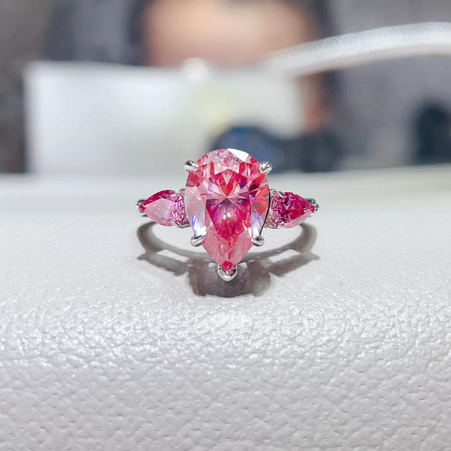 6 Carat Moissanite 925 Sterling Silver Teardrop Ring Pink / 5 Apparel and Accessories