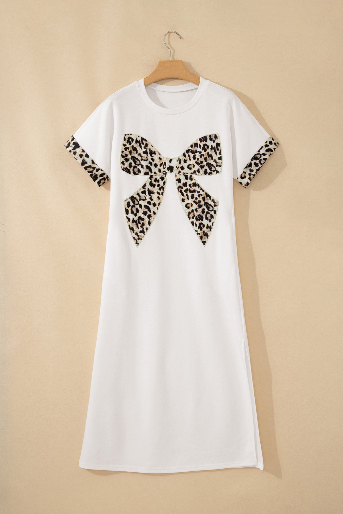 Dark Grey Contrast Leopard Bow Patched Short Sleeve T Shirt Long Dress