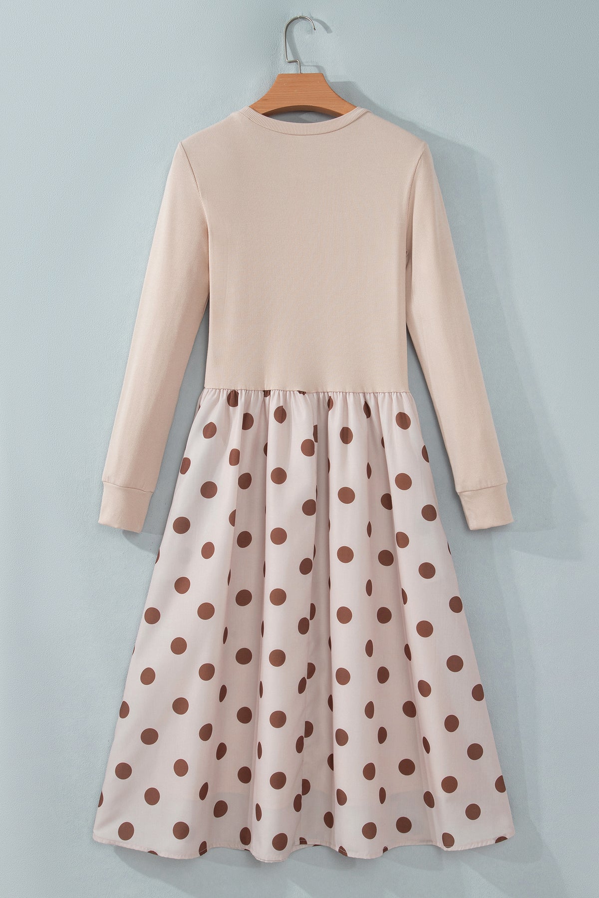 Beige Polka Dot Midi Long Sleeve Dress