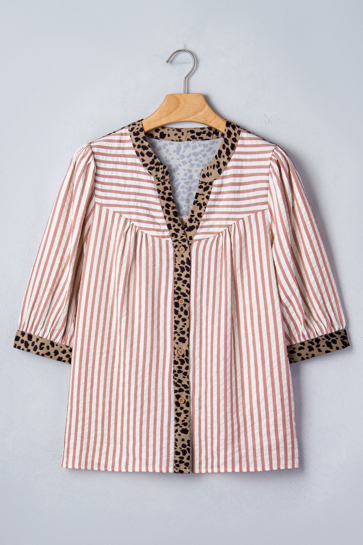 Pink Stripe Leopard Trim V Neck Button Down Half Sleeve Shirt