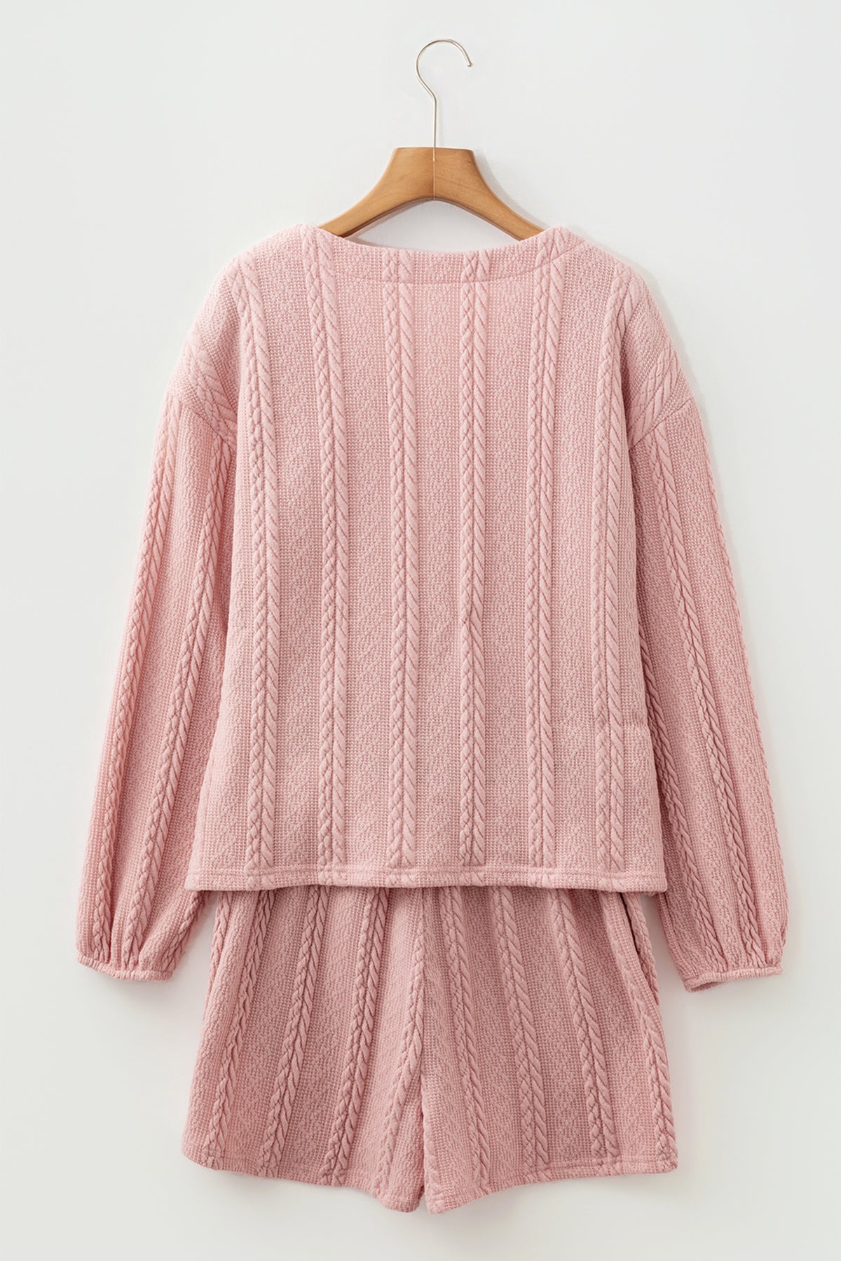 Gossamer Pink Cable Knit V Neck Cardigan Shorts Set