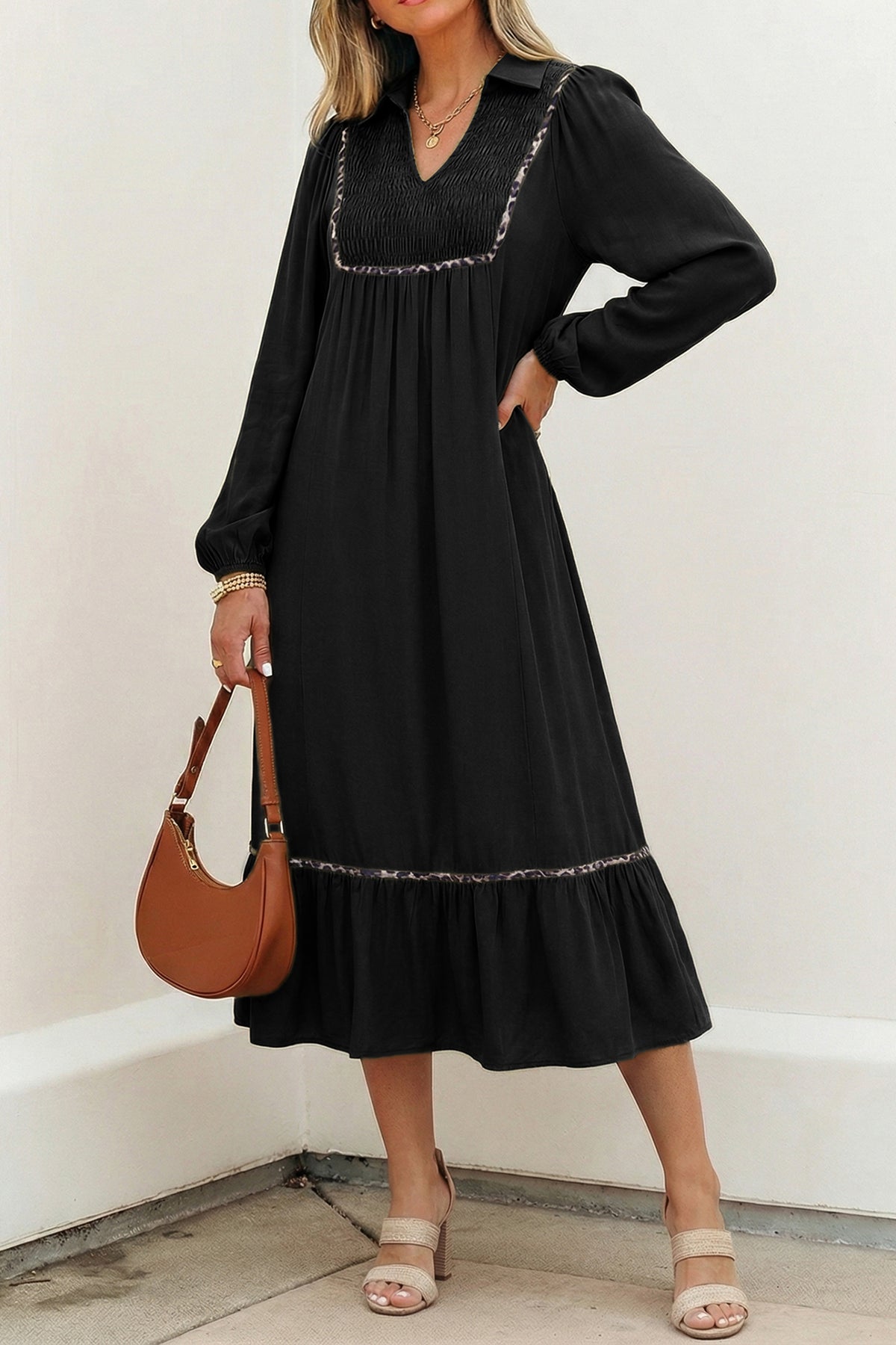 Black Collared V Neck Smocked Detail Contrast Leopard Trim Bracelet Sleeve Long Dress
