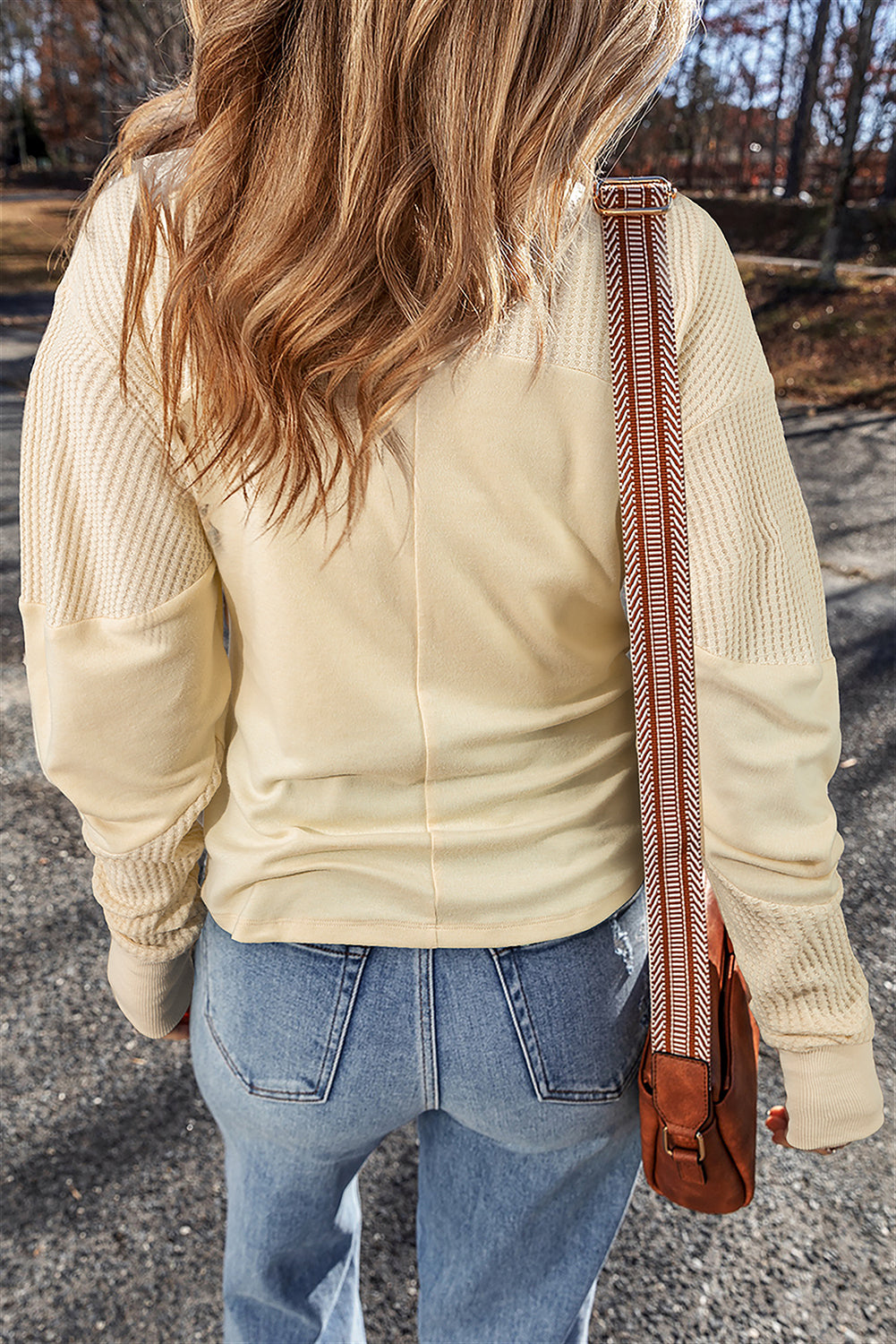 Beige Thermal Knit Patchwork Exposed Seam Long Sleeve Top Beige / S / 60% Cotton + 35% Polyester + 5% Elastane Tops/Long Sleeve Tops
