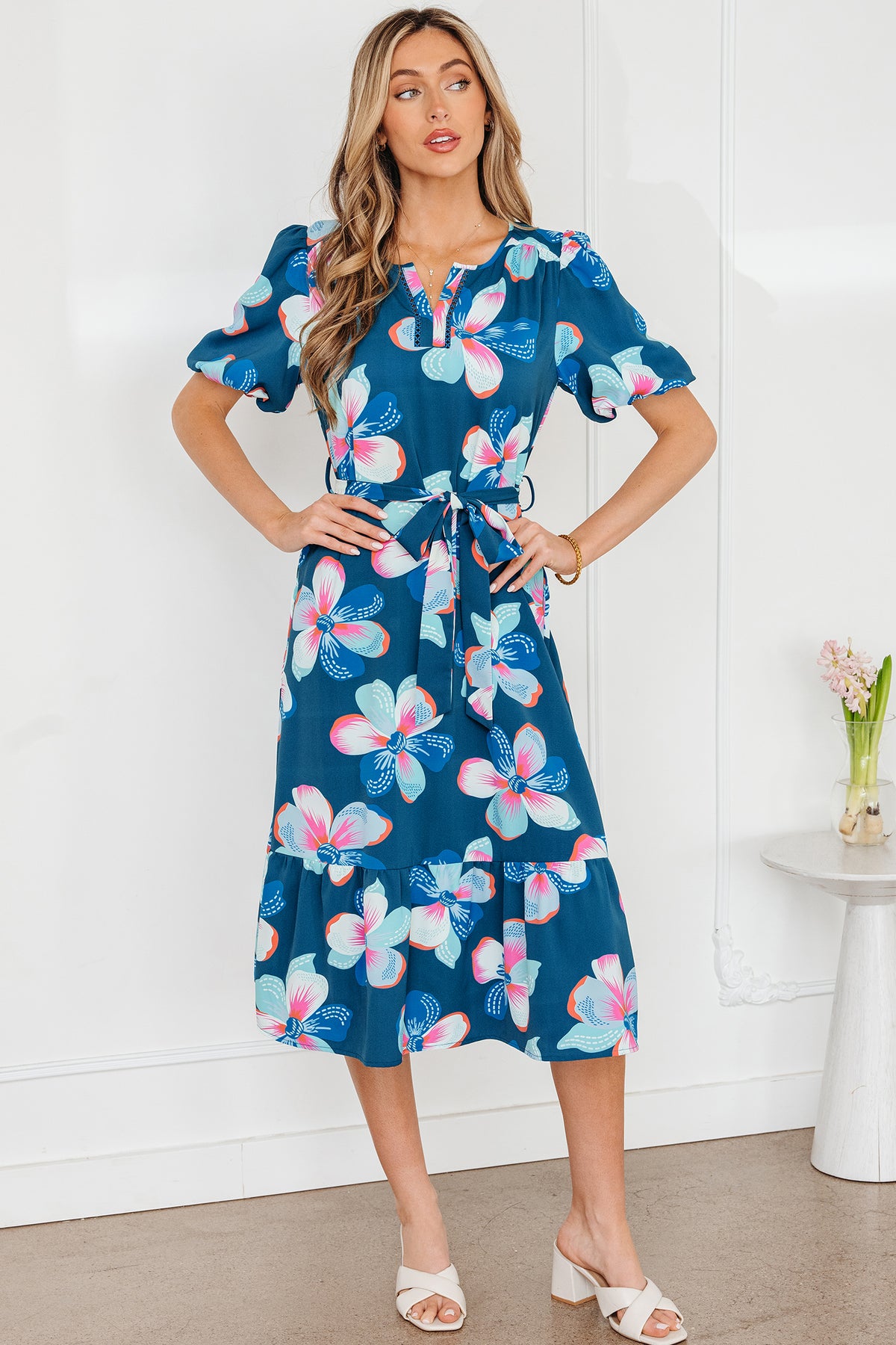 Blue Floral Print Short Puff Sleeve Ruffle Hem Belted Long Dress