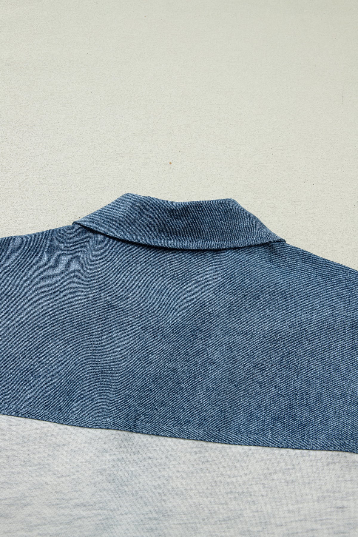 Light Grey Color Block Denim Patchwork Button Polo Collar Short Sleeve Top