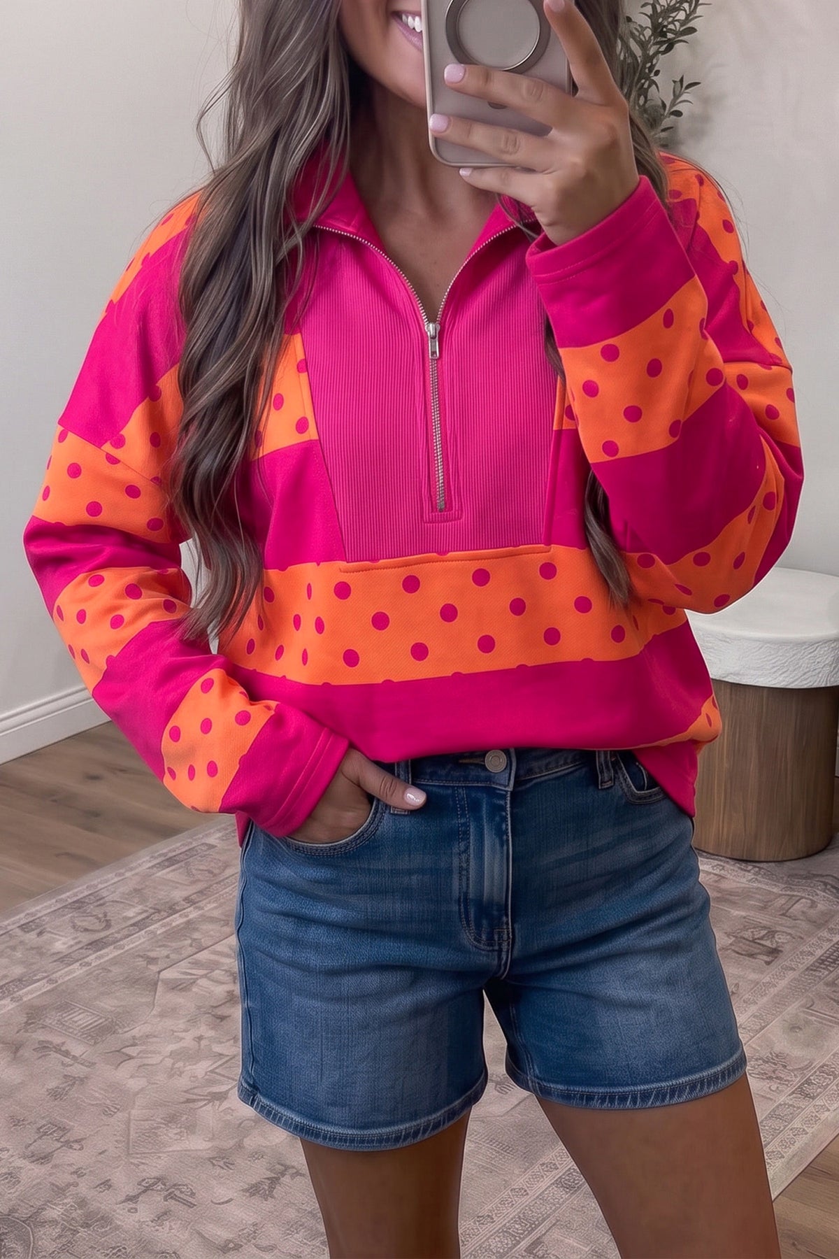 Pink Stripe Patchwork Polka Dot Accent Quarter Zip Long Sleeve Top