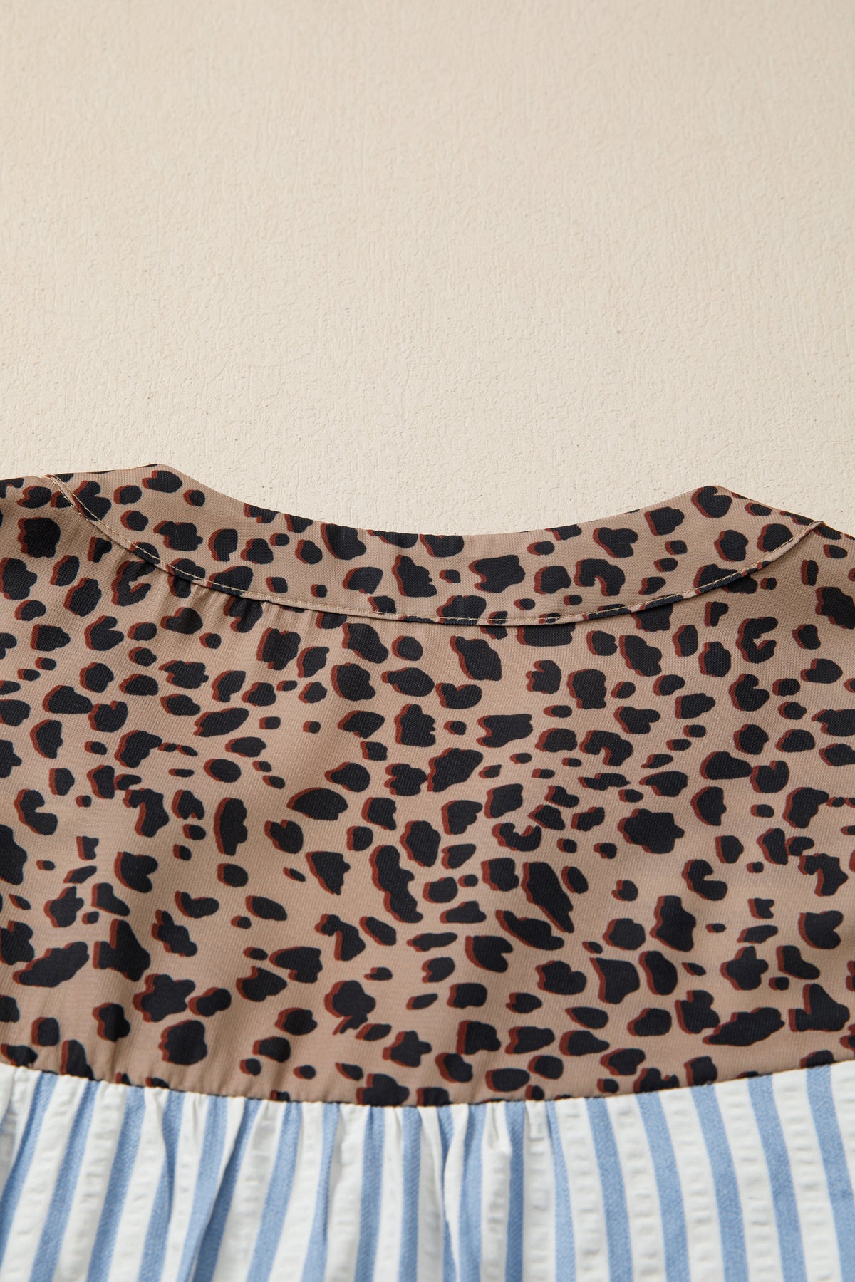 Pink Stripe Leopard Trim V Neck Button Down Half Sleeve Shirt