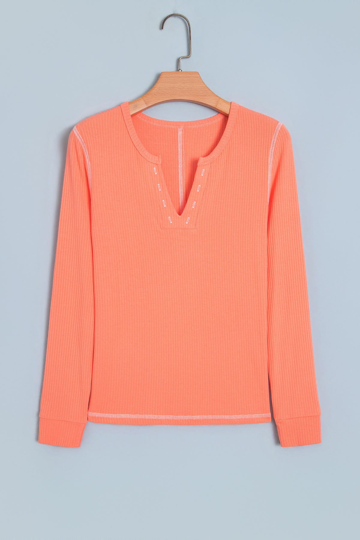 Banana Cream V Neck Ribbed Stitched Detail Long Sleeve Top