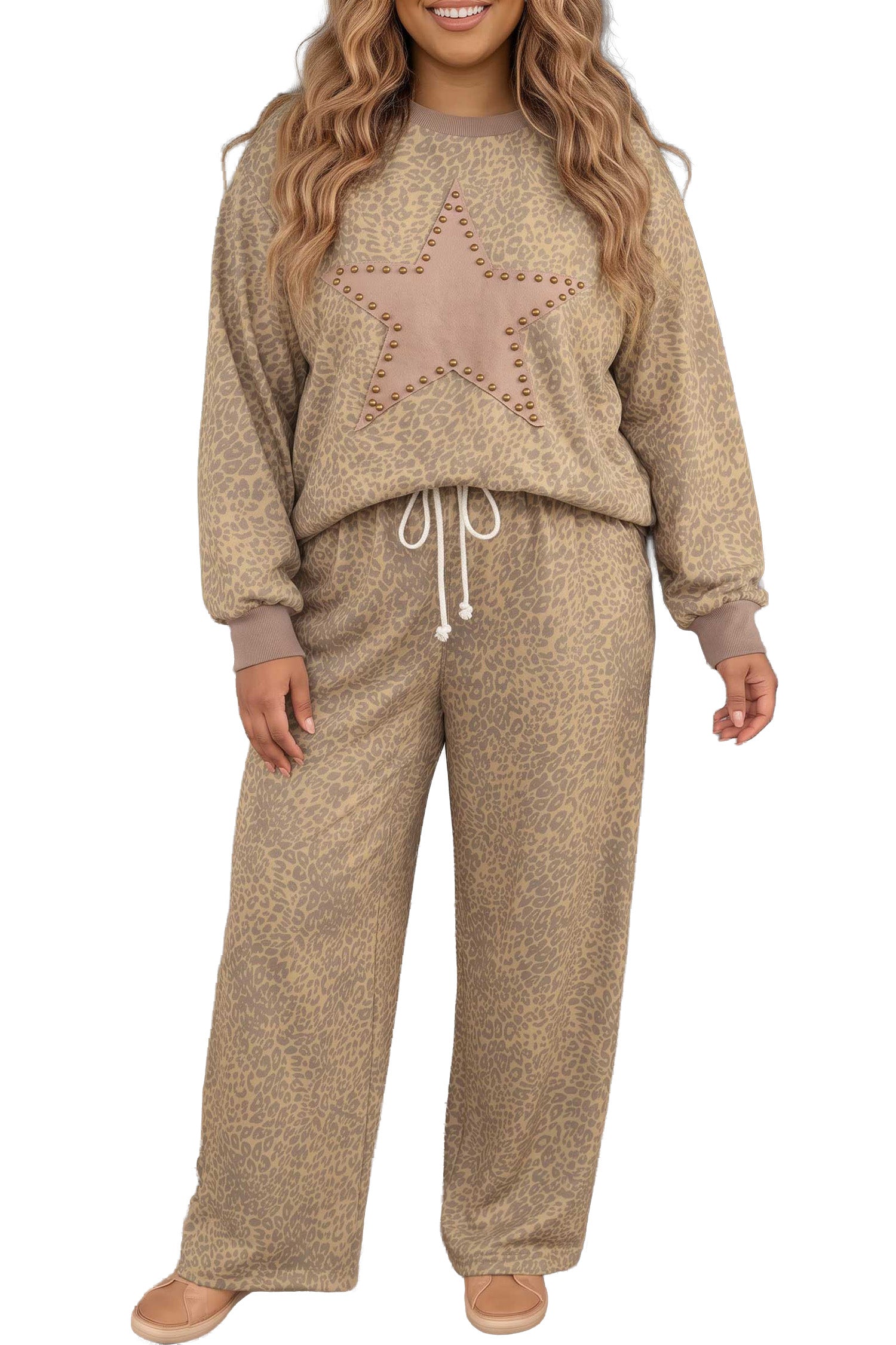 Khaki Leopard Print Star Patch Colorblock Long Sleeve Top Plus Size Drawstring Pants Set Plus Size/Plus Size Loungewear