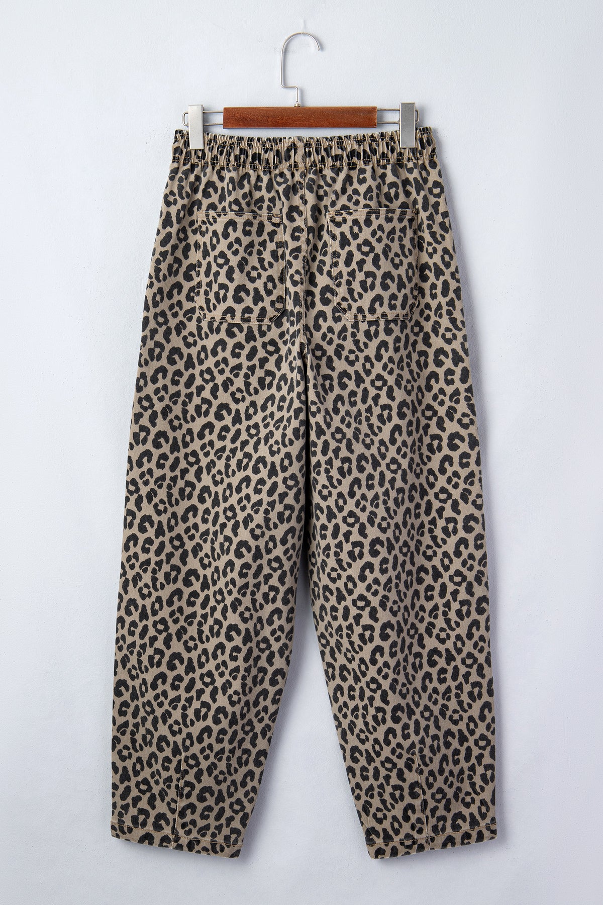 Khaki Leopard Print Drawstring Elastic Waist Loose Denim Pants with Pockets