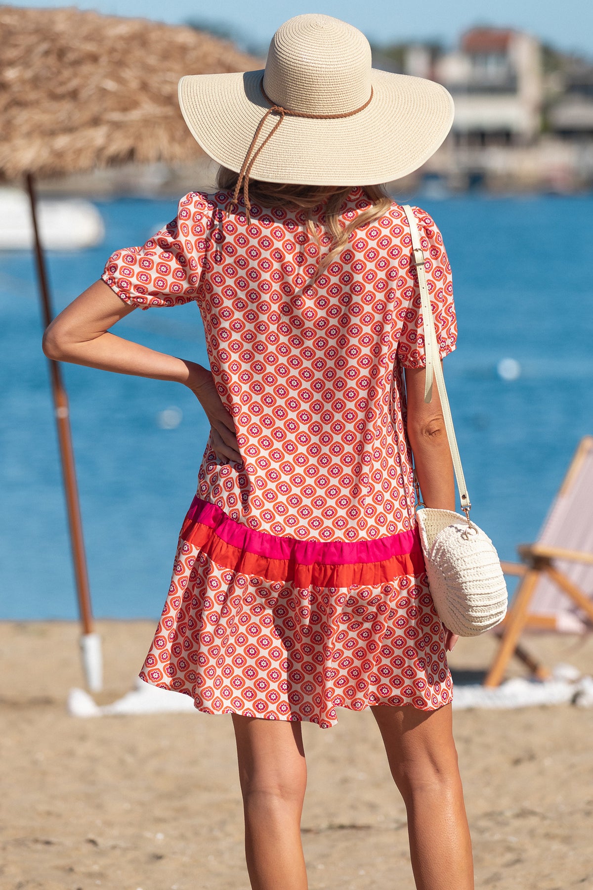 Orange Geometric Floral Print Color Block Trim Button Front Ruffle Hem Dress
