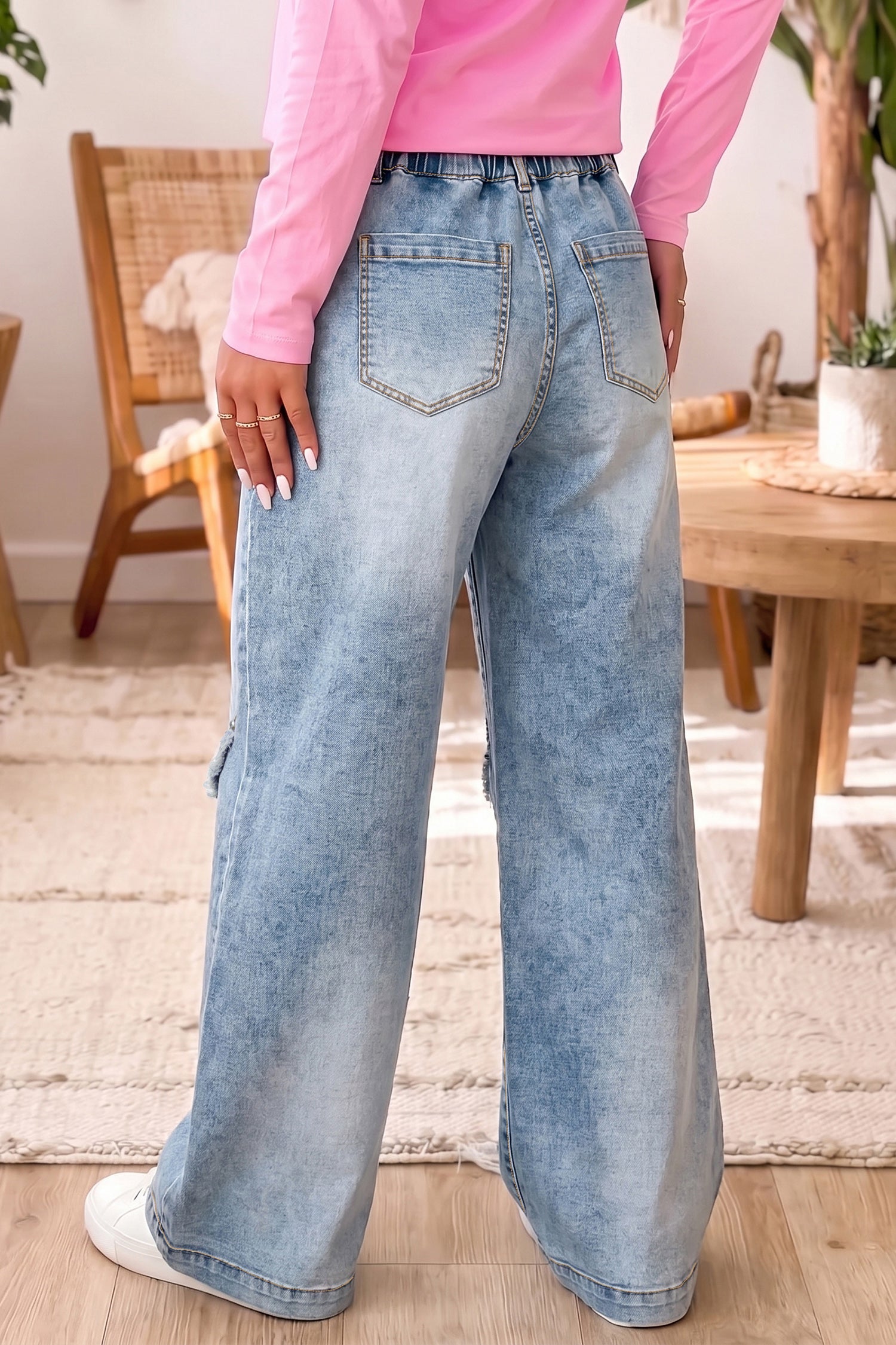 Beau Blue Frayed Studded Detail Wide Leg Pocketed Jeans Bottoms/Jeans