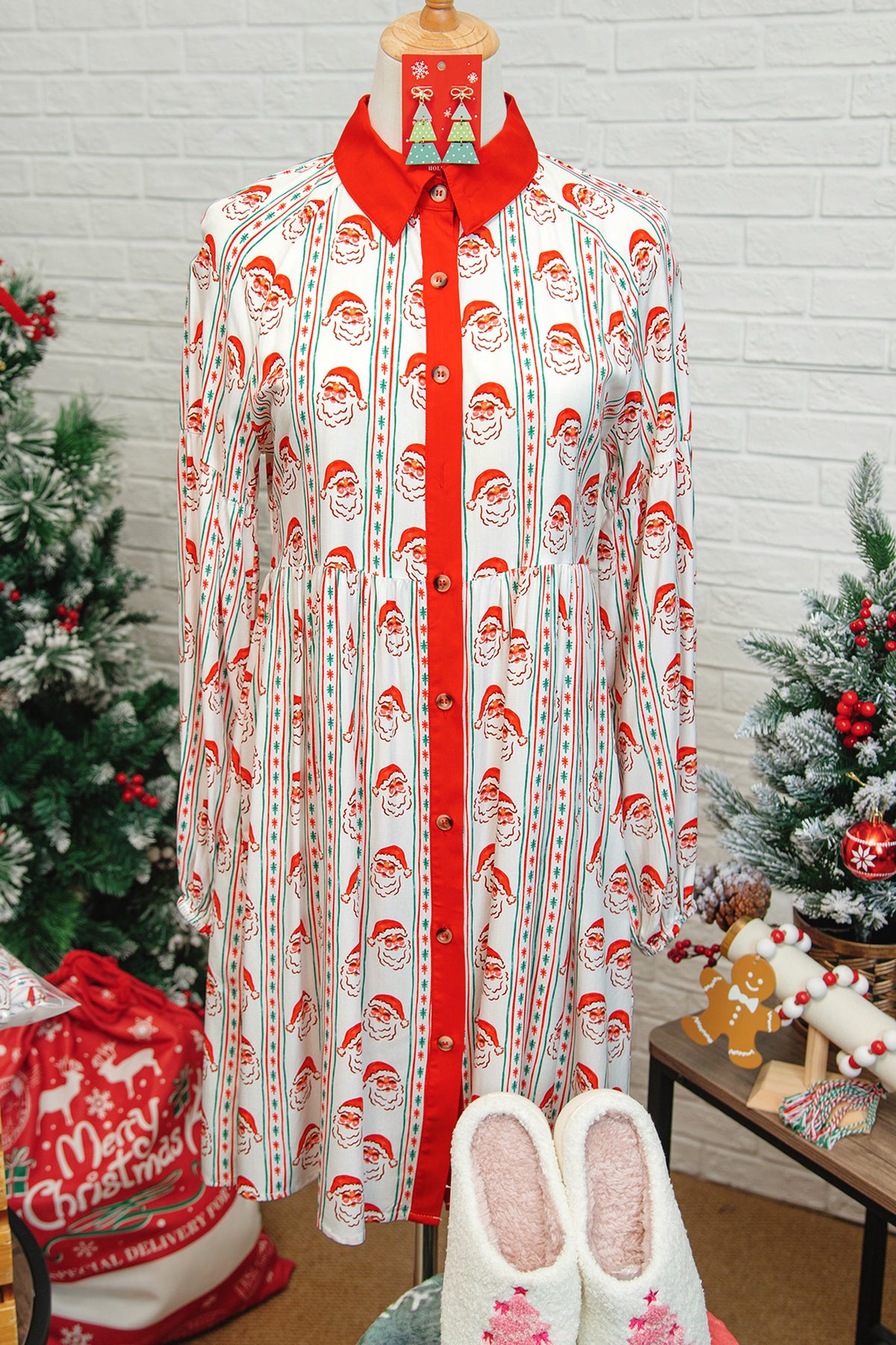 White Father Christmas Contrast Collar Button Front Long Sleeve A-line Mini Dress