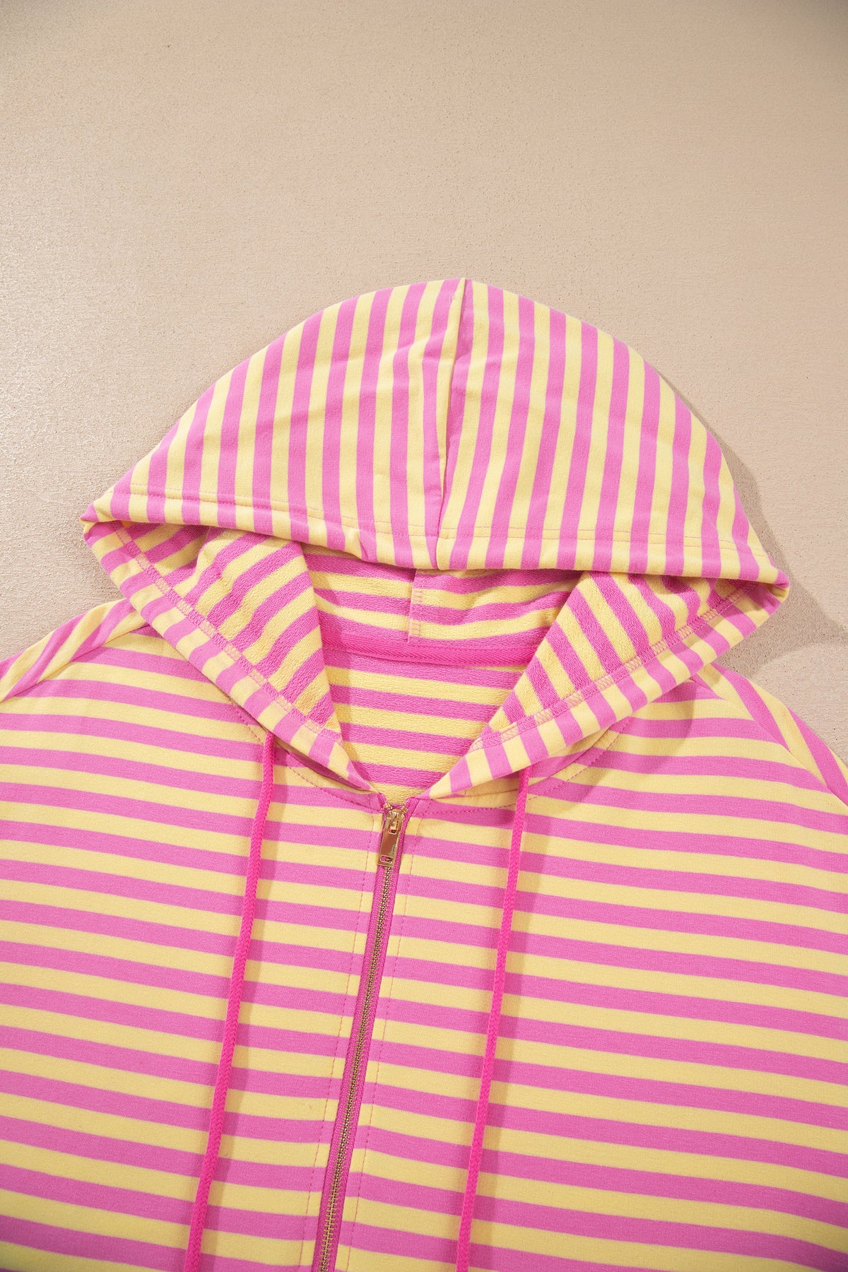 Rose Red Striped Long Sleeve Zip-Up Hoodie Drawstring Elastic Waist 2pcs Short Set