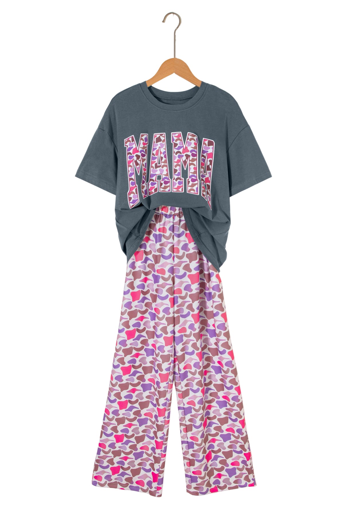 Medium Grey MAMA Letter Graphic Tee Camouflage Print Loose Pant Set