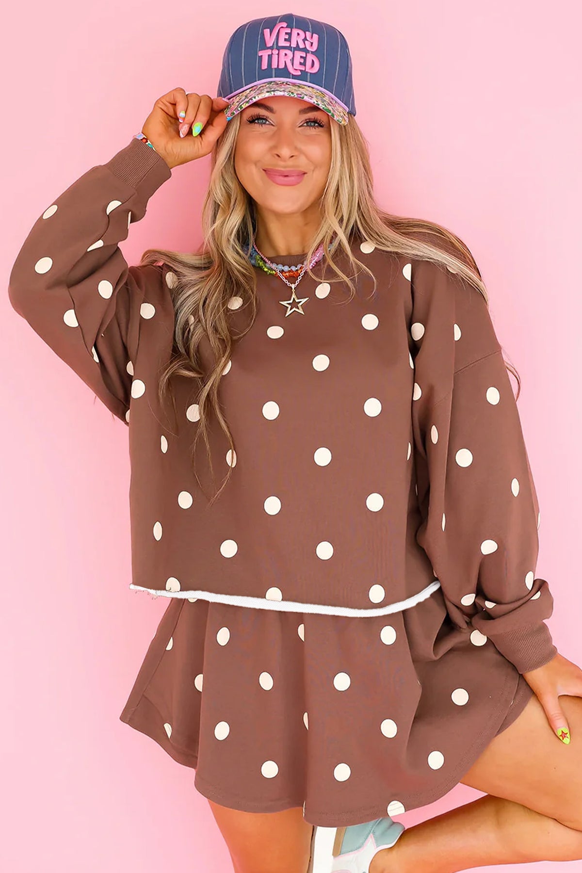 Brown Polka Dot Raw Hem Relaxed Pullover Loose Skort Two Piece Set