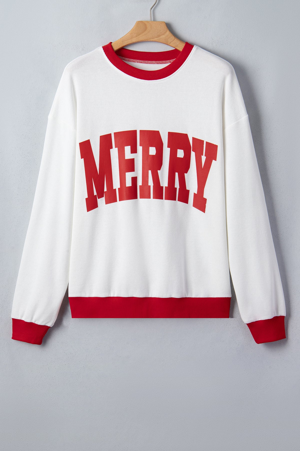 Beige Color Block Trim Merry Slogan Pullover Sweatshirt