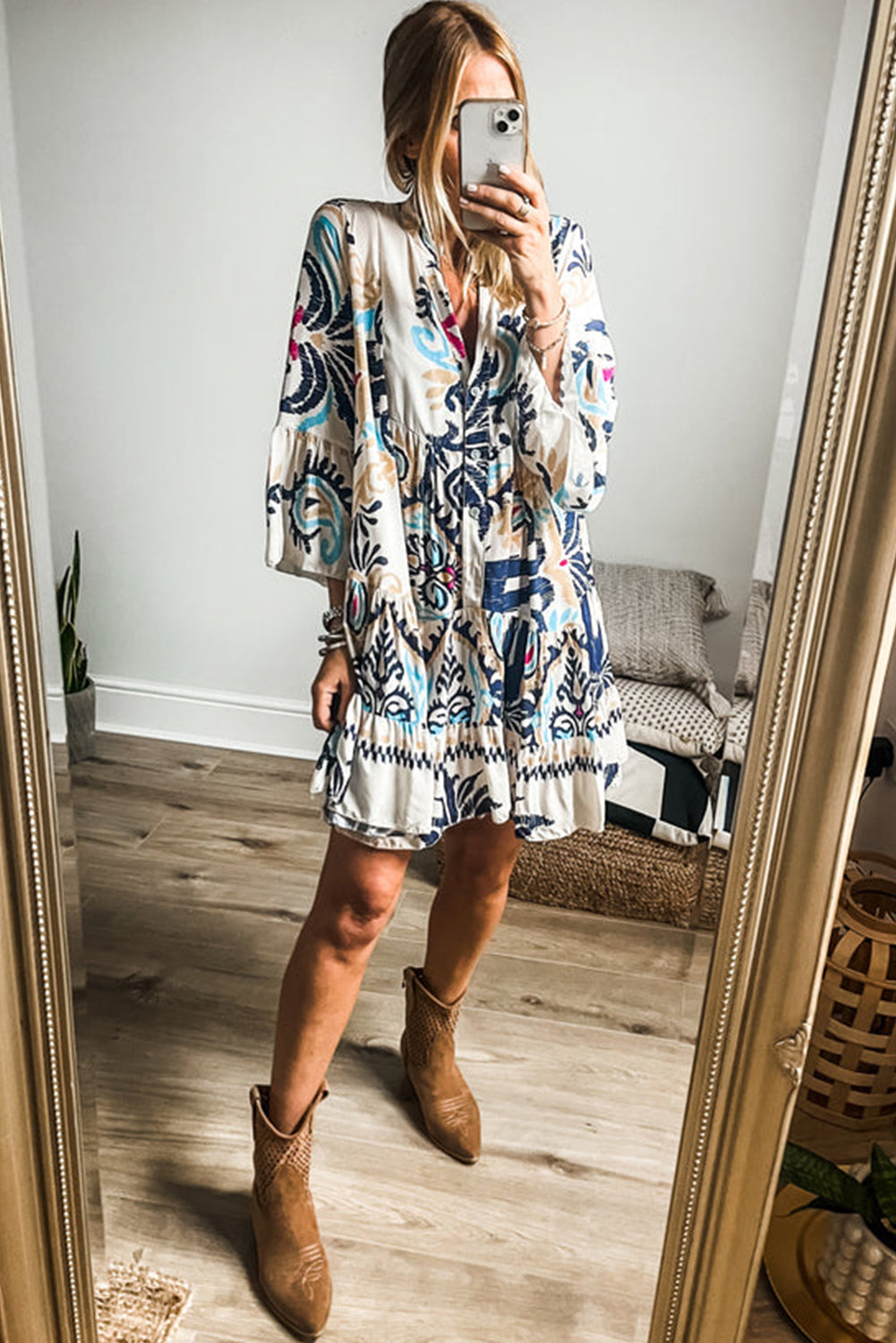 White Printed Tribal Bracelet Sleeve Buttoned Mini Dress Dresses/Mini Dresses