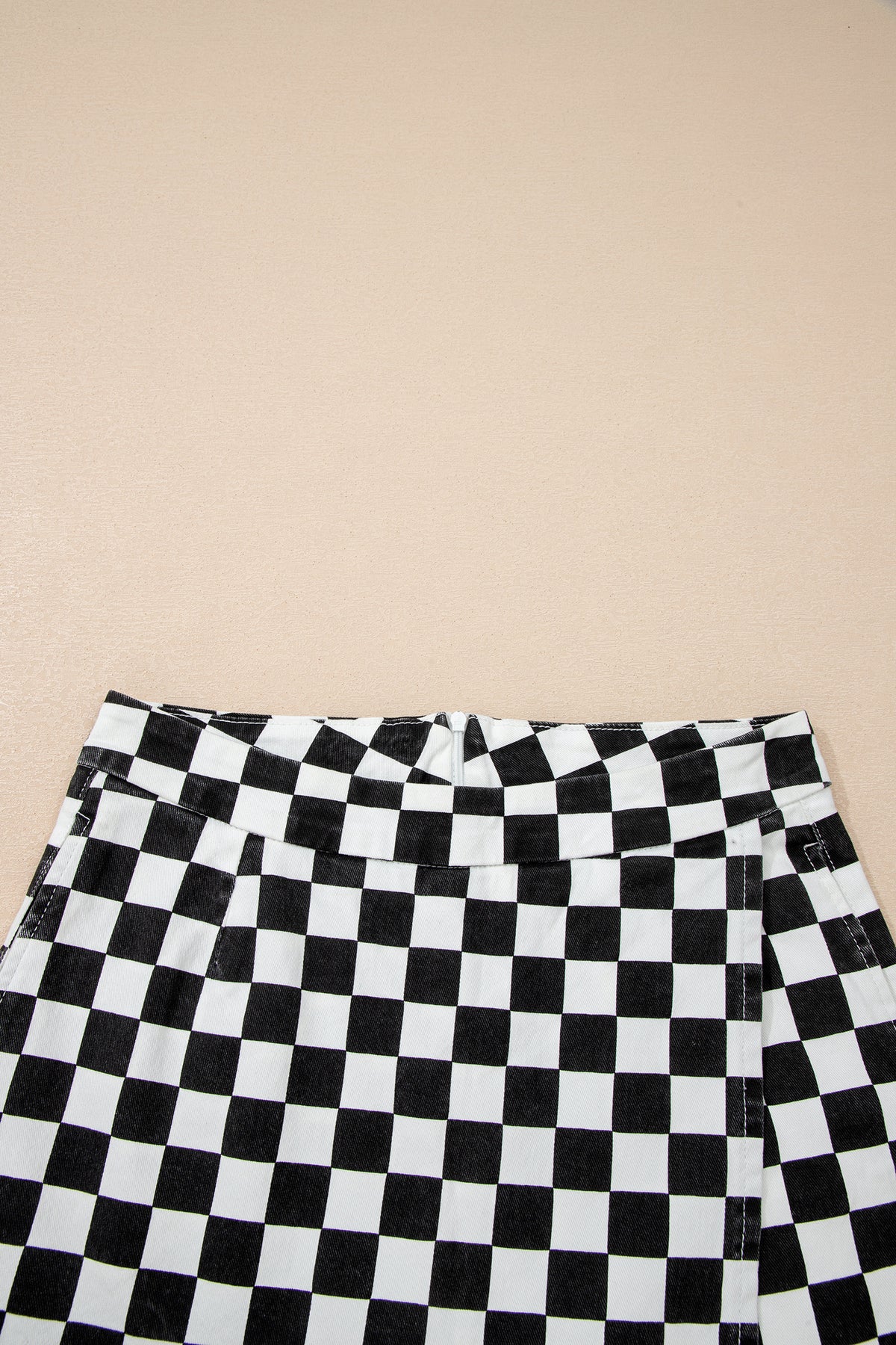 Black Checkered Print Overlap Denim Shorts