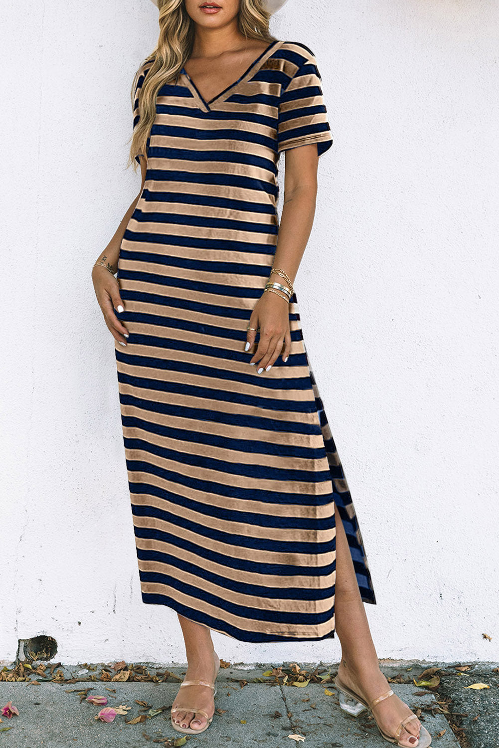 Fiery Red Black Stripe Print V Neck Maxi Dress with Side Splits