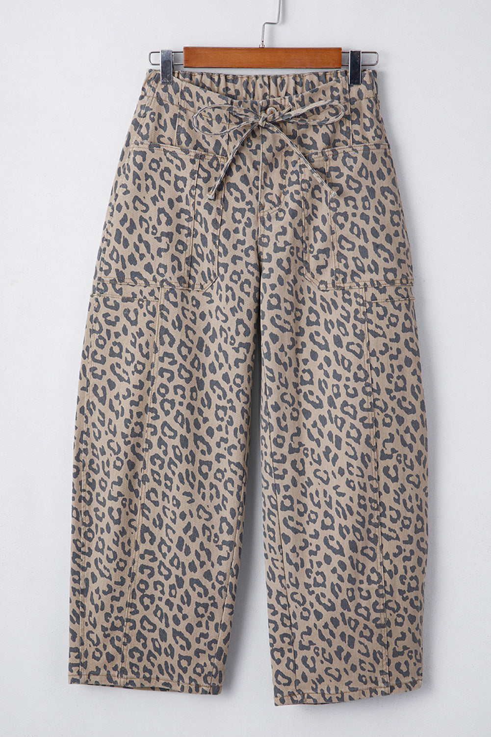 Green Leopard Printed Drawstring Elastic Waistband Pocketed Barrel Jeans