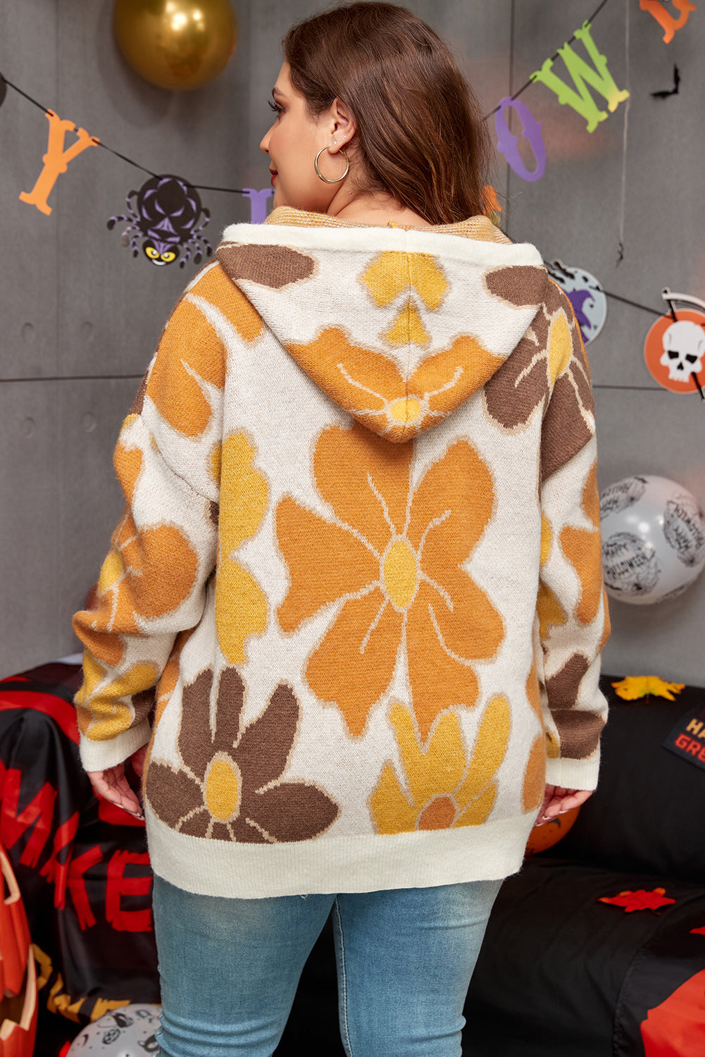 White Large Flower Knitted Drawstring Hooded Plus Size Sweater White / 1X / 42% Acrylic + 30% Polyester + 28% Polyamide Sale (50% OFF)/Sale