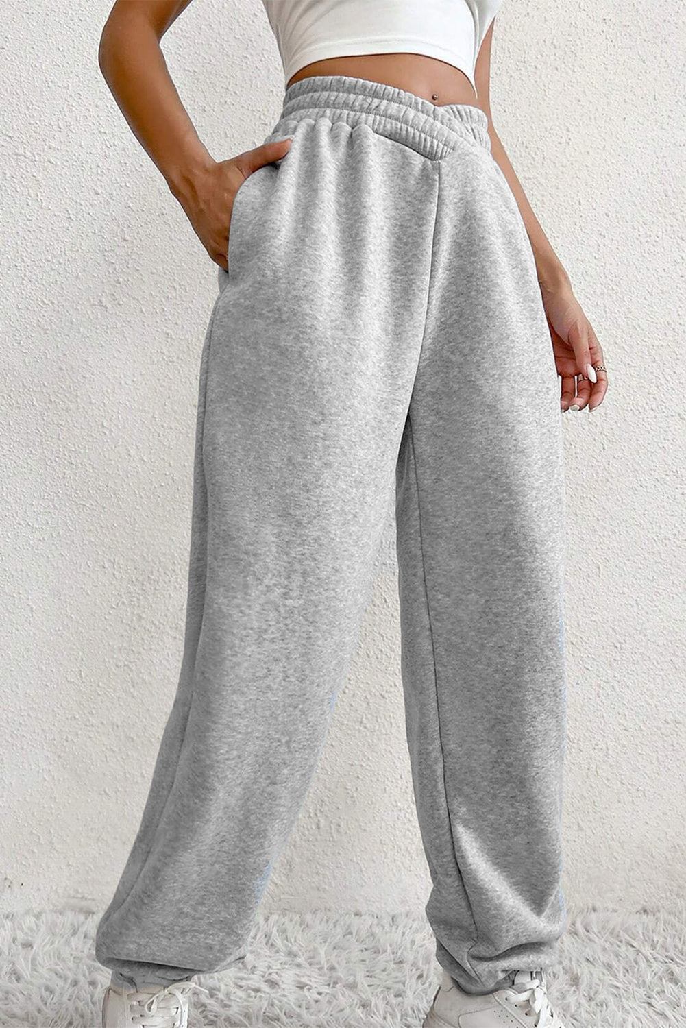 Light Grey Solid Color Crisscross Elastic Waist Sweatpants Bottoms/Pants & Culotte