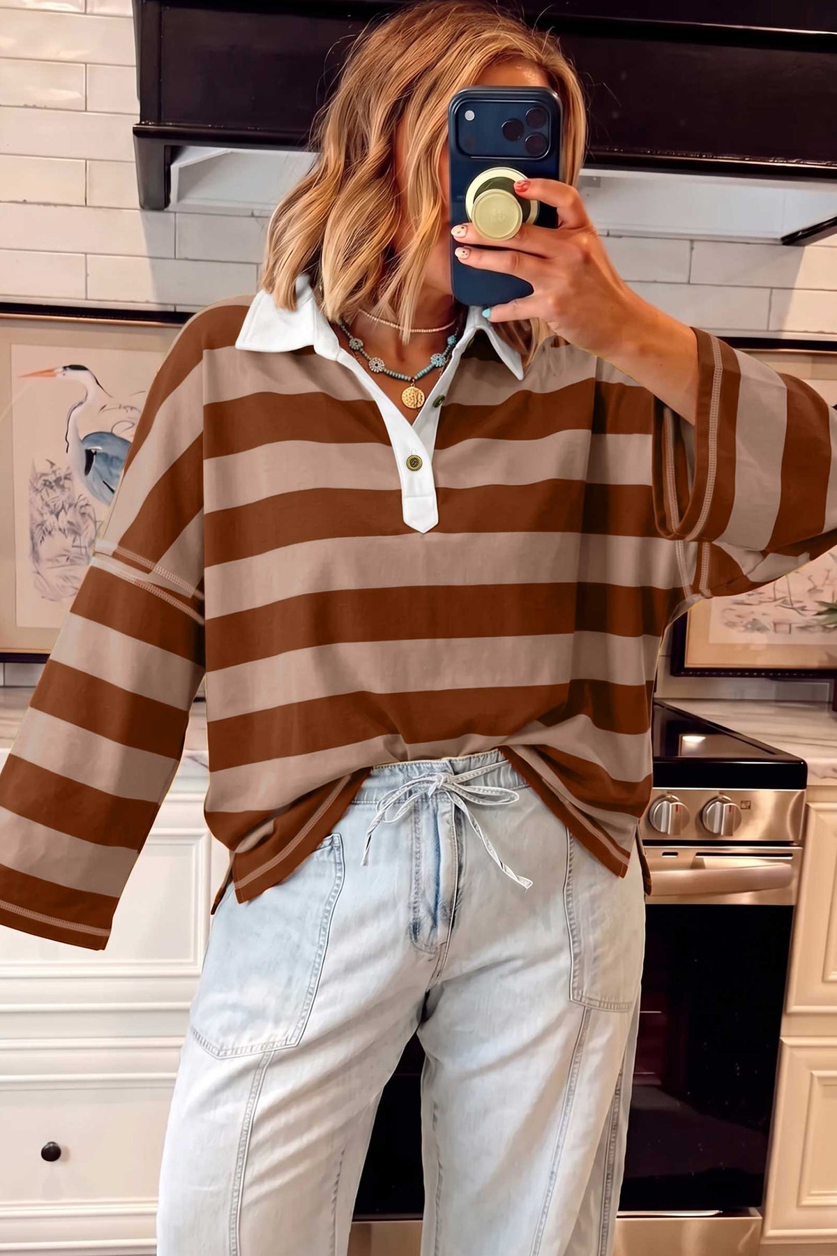 Brown Stripe Contrast Polo Collar Bracelet Sleeve Loose Top