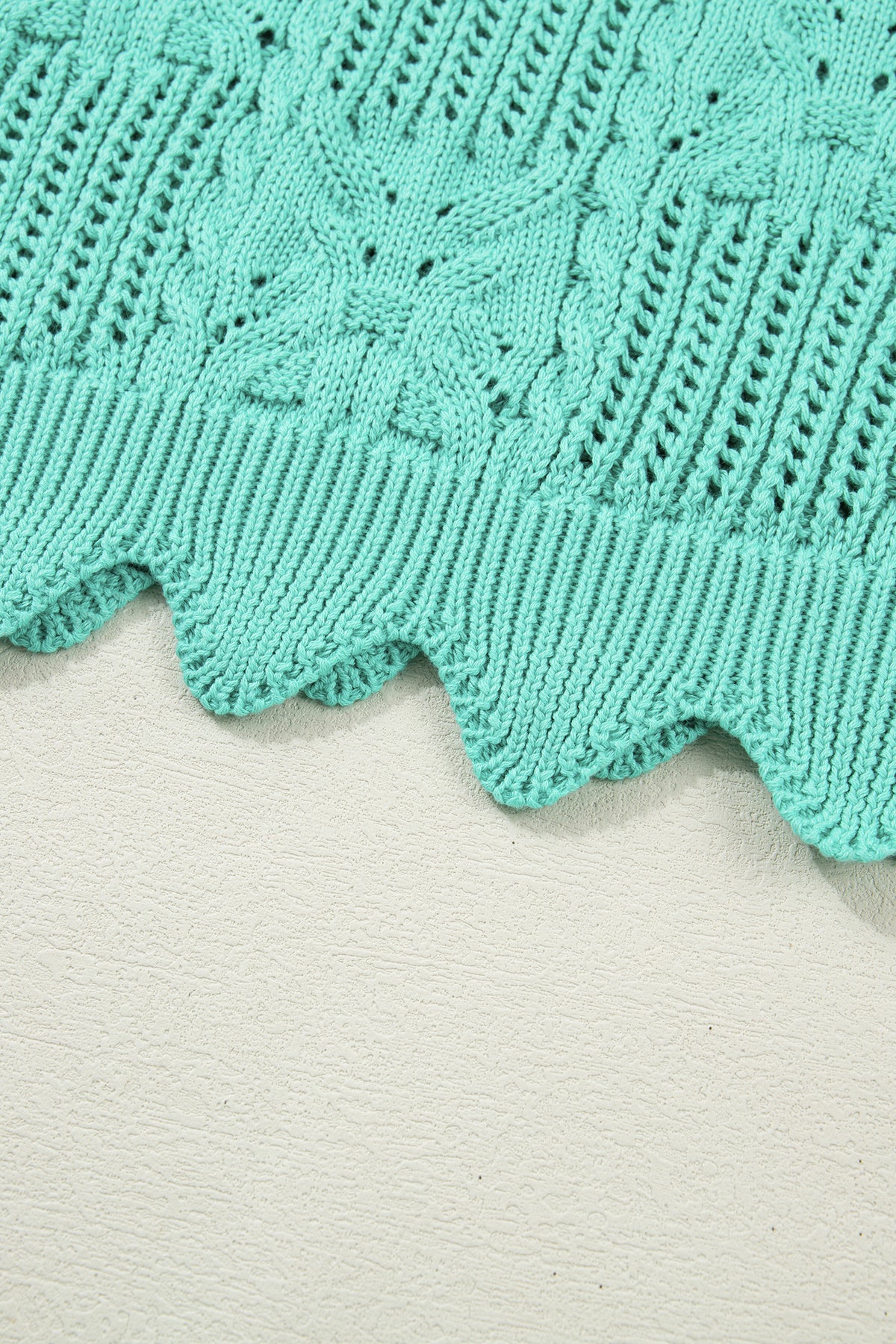 Bonbon Pointelle Knit Patterned Scalloped Trim Short Sleeve Sweater