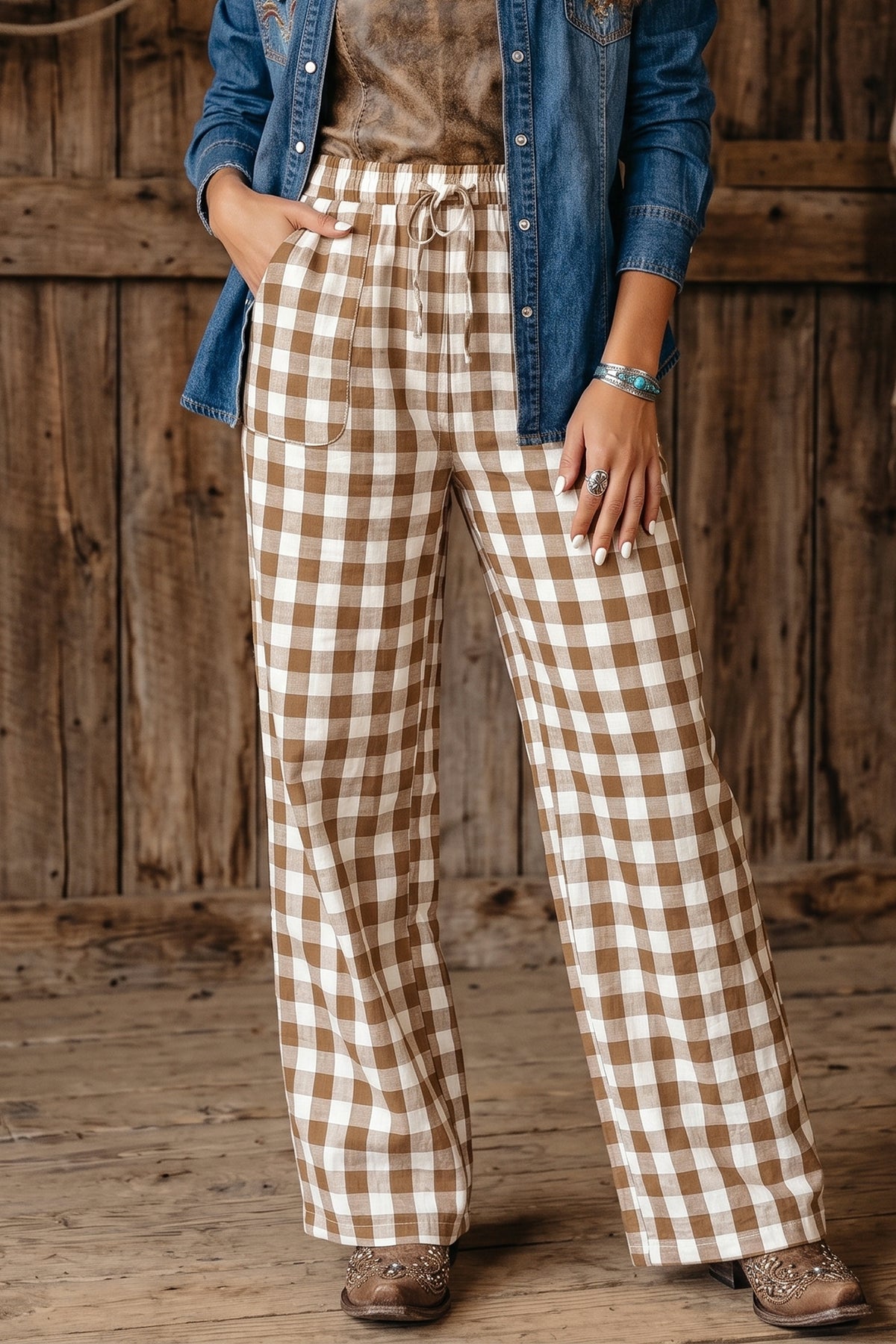 Blue Gingham Plaid Tie Elastic Waist Shift Pants
