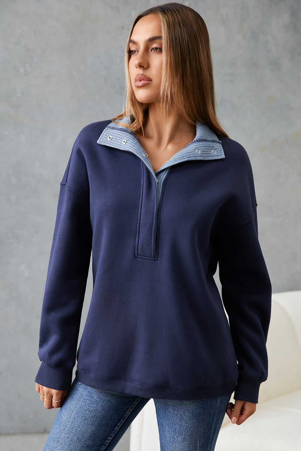 Blue Drop Shoulder Metal Button Casual Pullover Sweatshirt