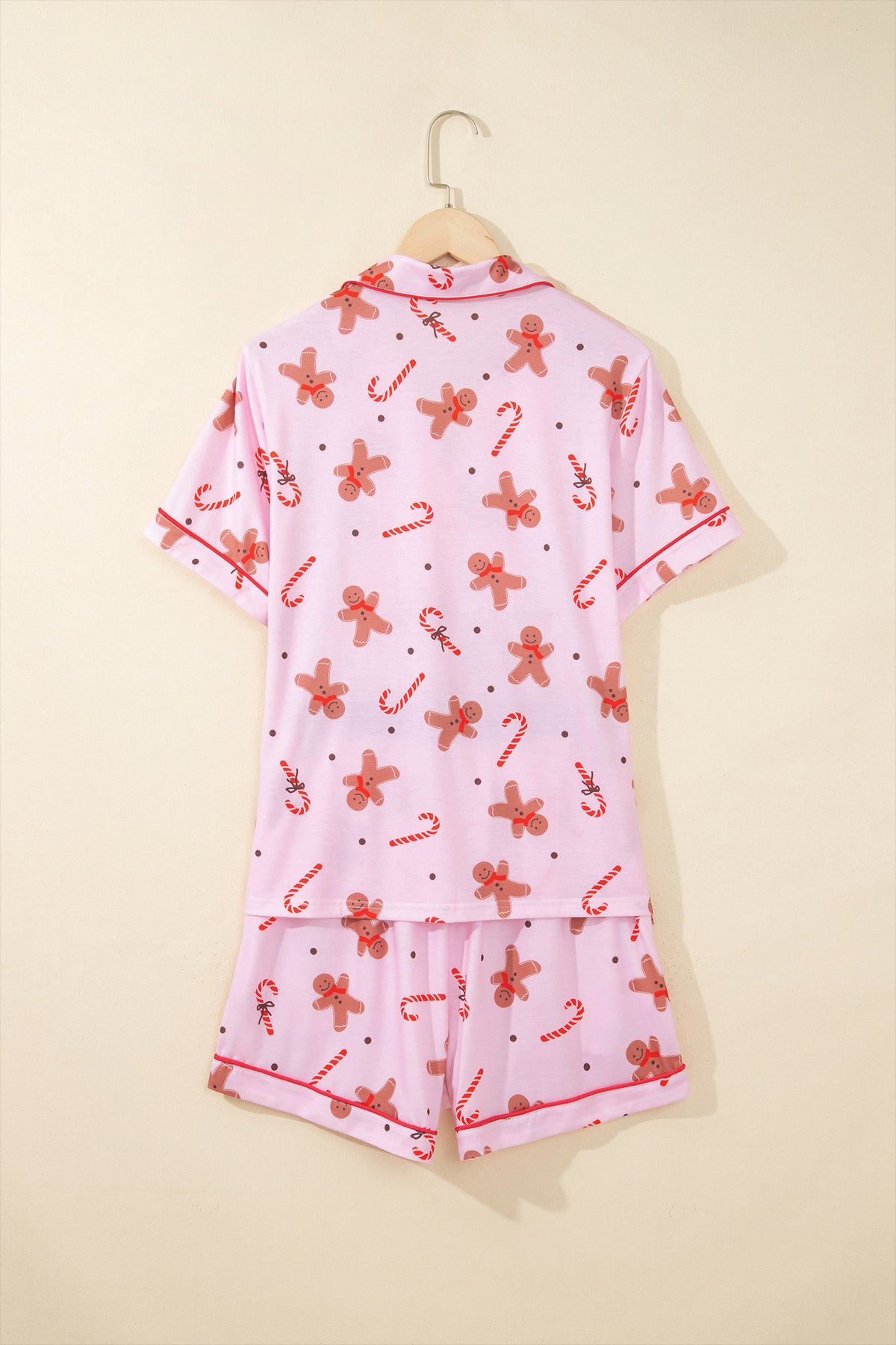 Pink Short Sleeve Placket Shell Button Elastic Waist Lounge Set