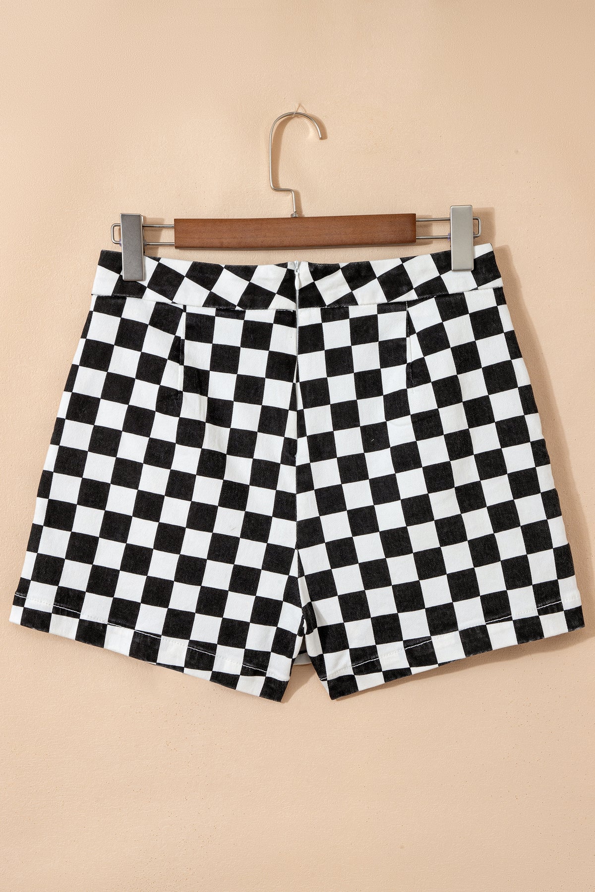 Black Checkered Print Overlap Denim Shorts