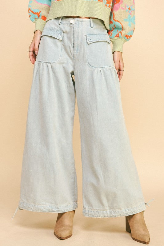 Davi &amp; Dani Drawstring Hem Wide Leg Mid Rise Jeans