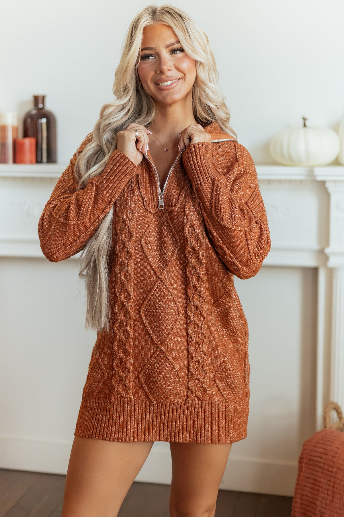 Clay Zip-Up Cable Knit Drop Shoulder Sweater Dress