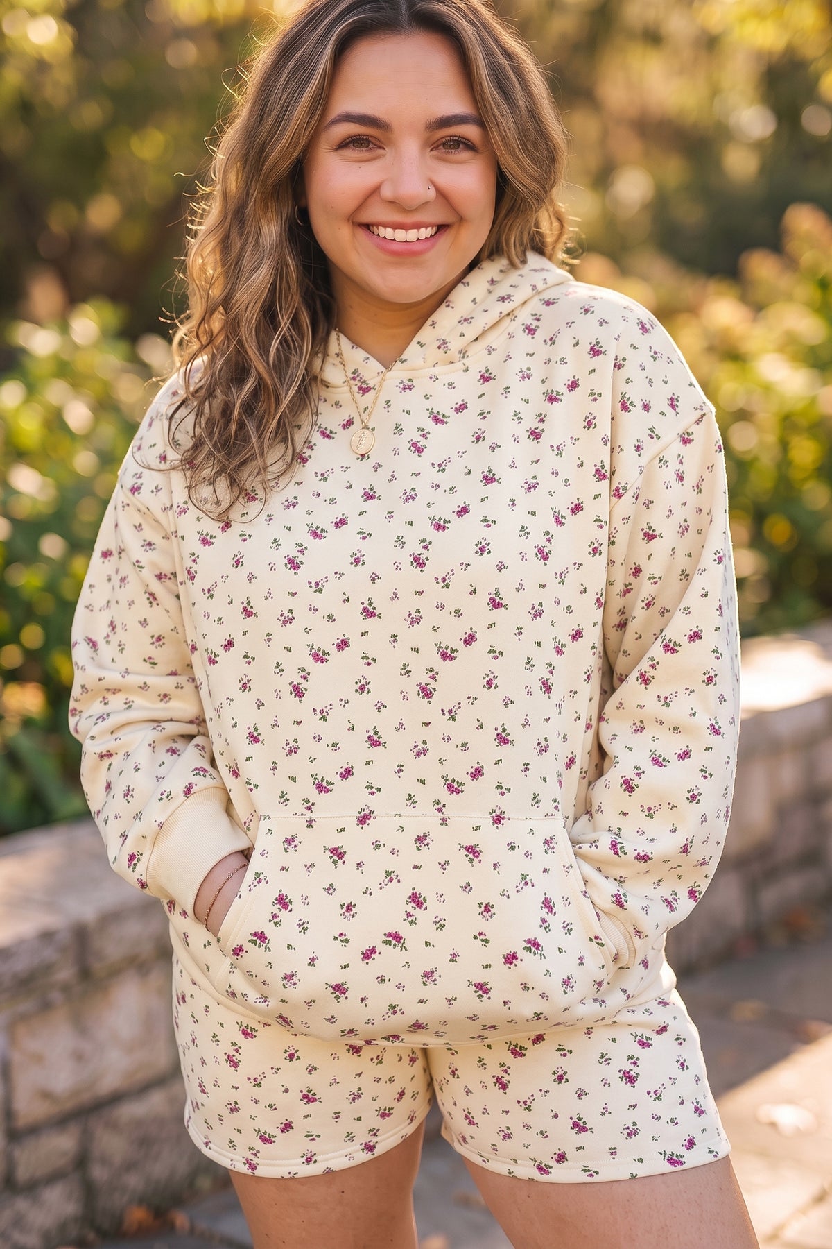 Beige Floral Print Hooded Long Sleeve Plus Size Set