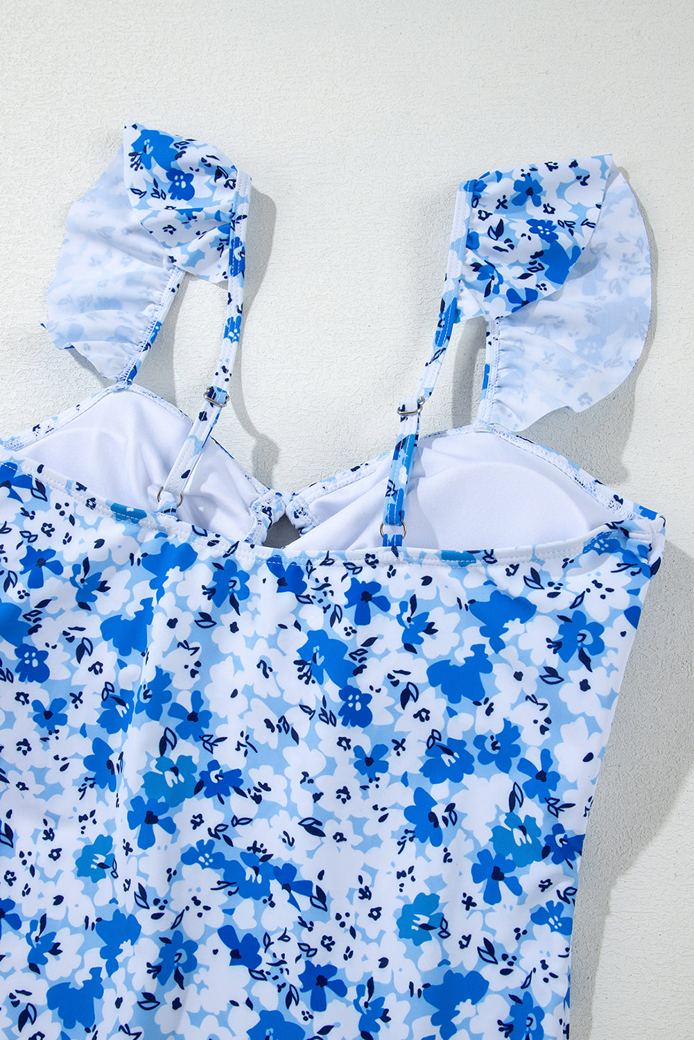 Blue Floral Ruffled Strap Lace-up Hollow Out One Piece Swimsuit Swimwear/One Piece Swimsuit