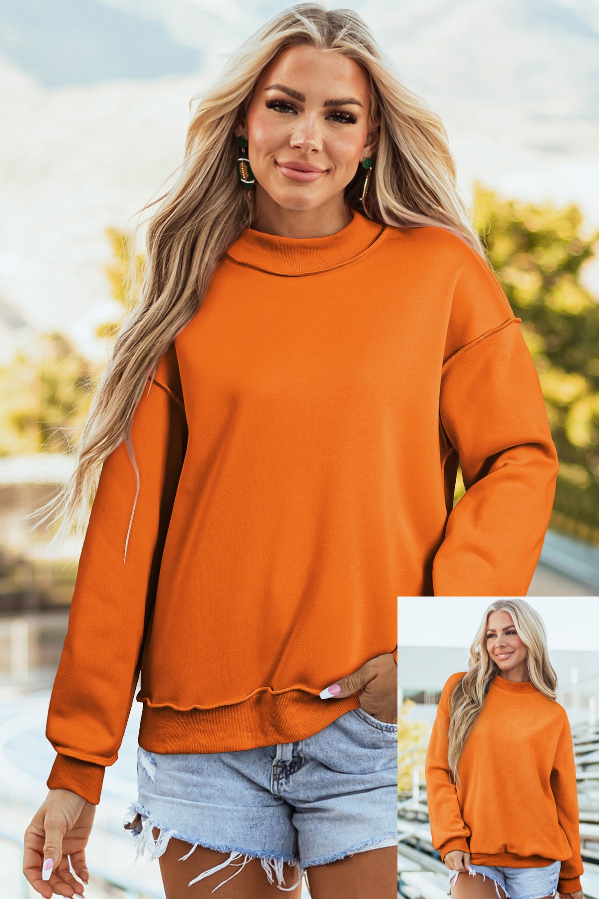 Bluing Oversize Drop Shoulder Reversible Mock Neck Sweatshirt