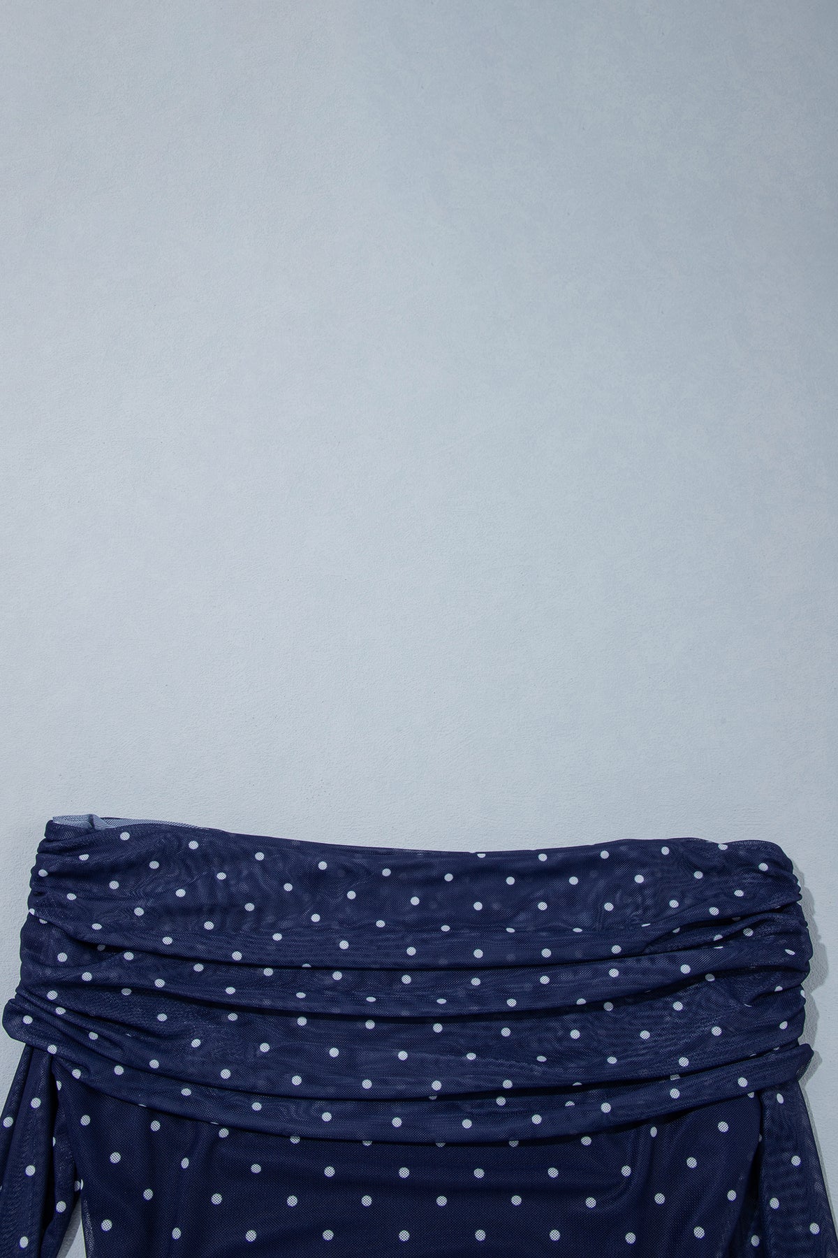 Blue Off Shoulder Polka Dot Mesh Long Sleeve Sheath Top