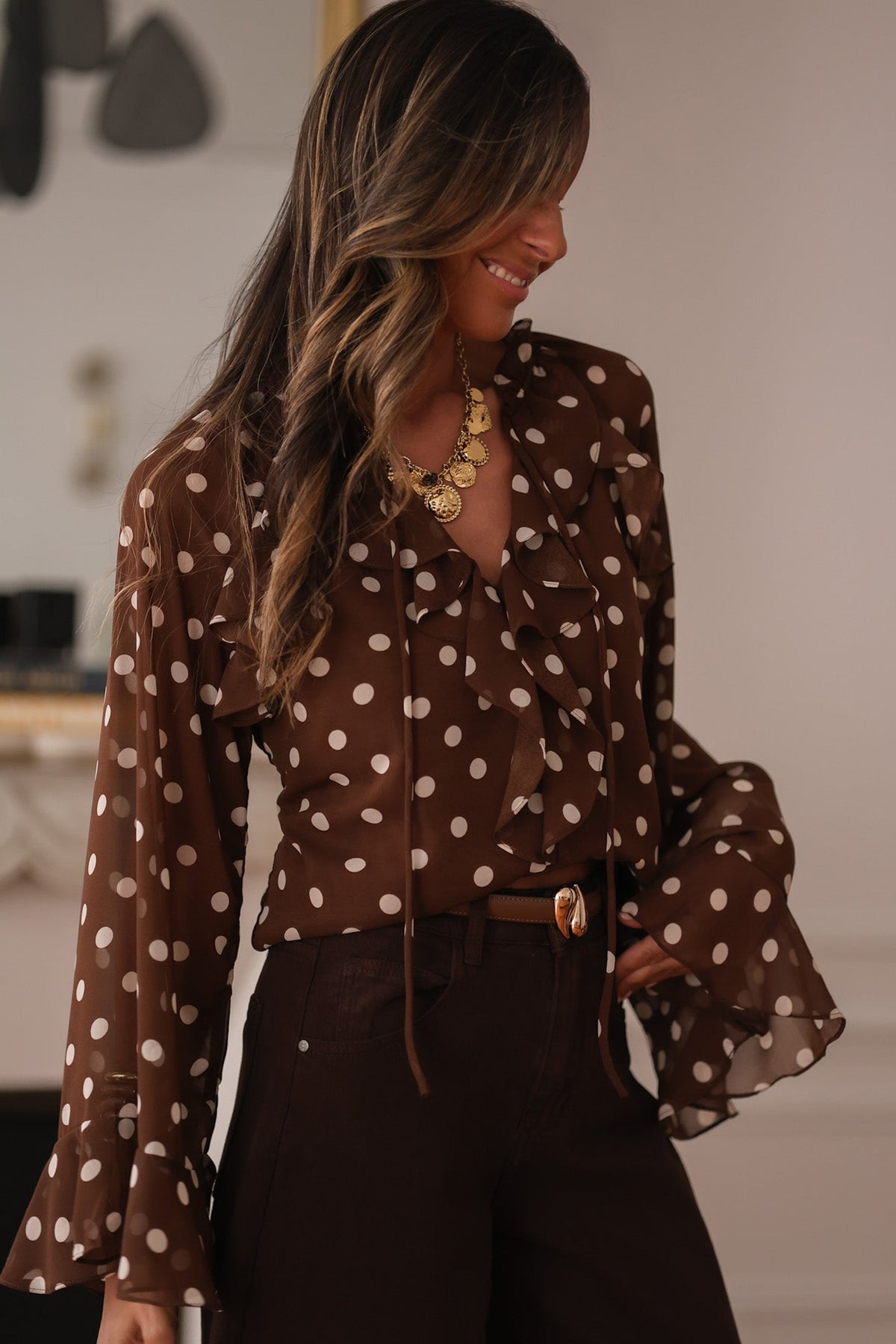 Coffee Polka Dot Print Ruffle Trim V Neck Long Bell Sleeve Blouse