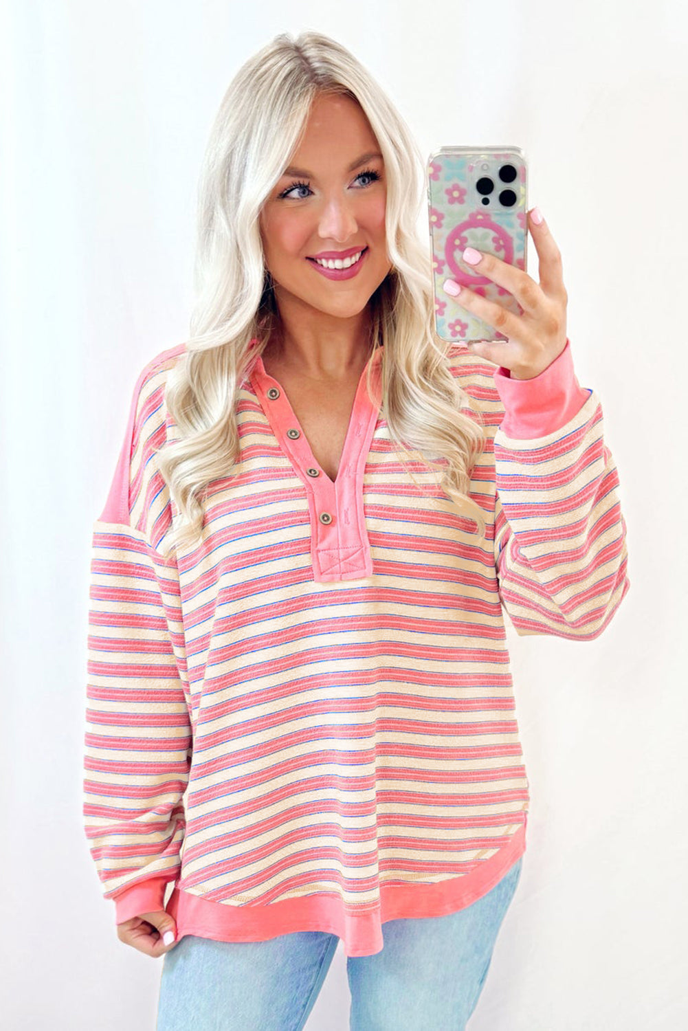 Blue Stripe Buttoned V Neck Collared Drop Shoulder Top