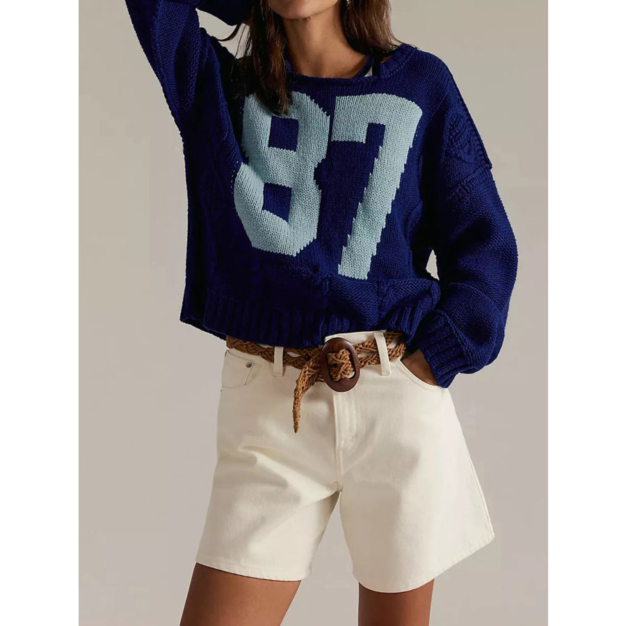 78 Number Cable-Knit Sweater Dark Blue / S Apparel and Accessories