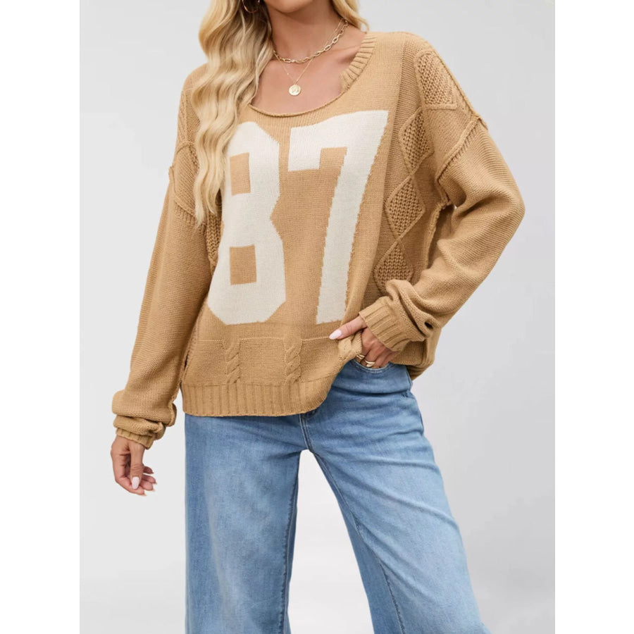 78 Number Cable-Knit Sweater Khaki / S Apparel and Accessories