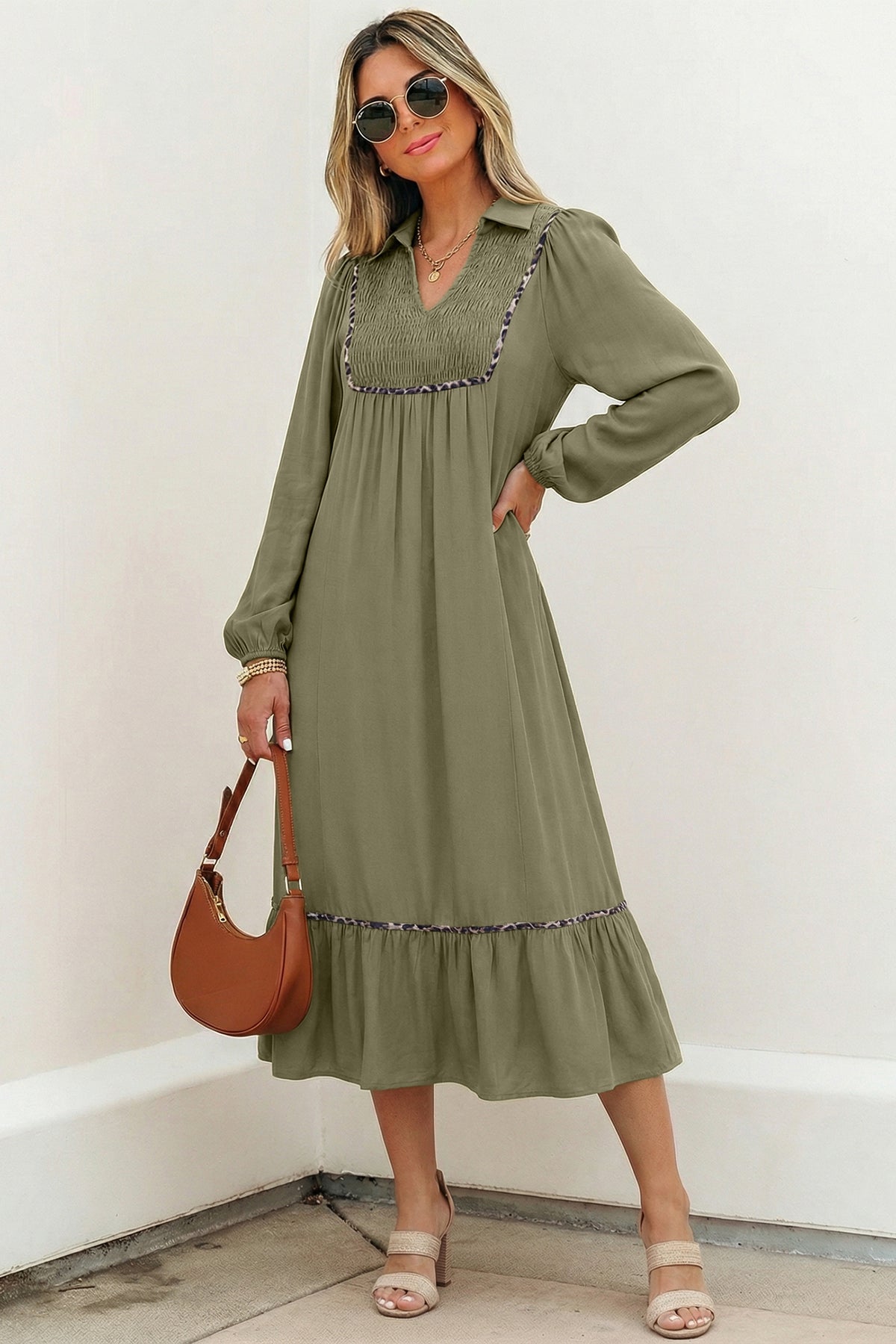 Black Collared V Neck Smocked Detail Contrast Leopard Trim Bracelet Sleeve Long Dress