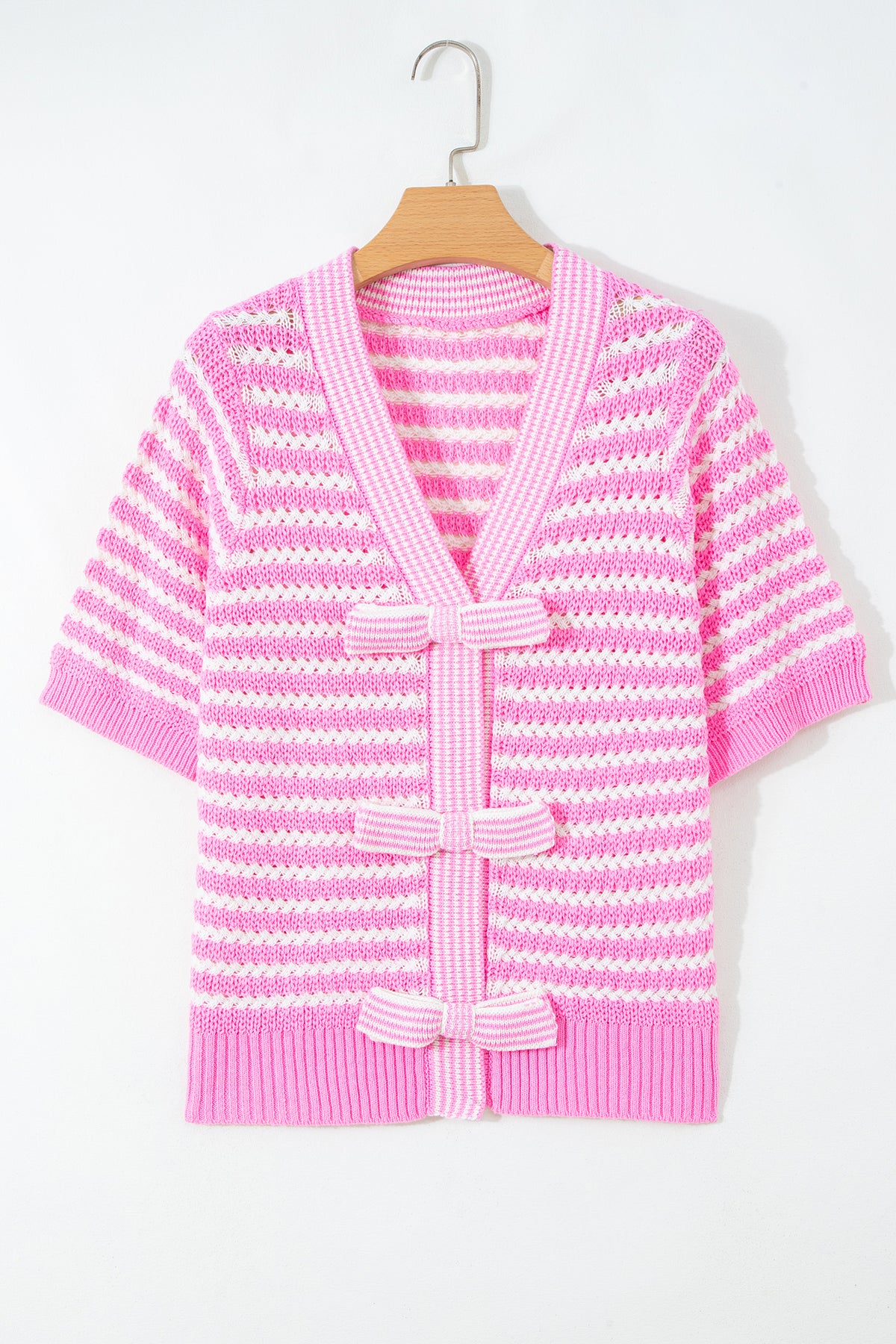 Green Stripe Short Sleeve Knit V Neck Bow Knot Sweater